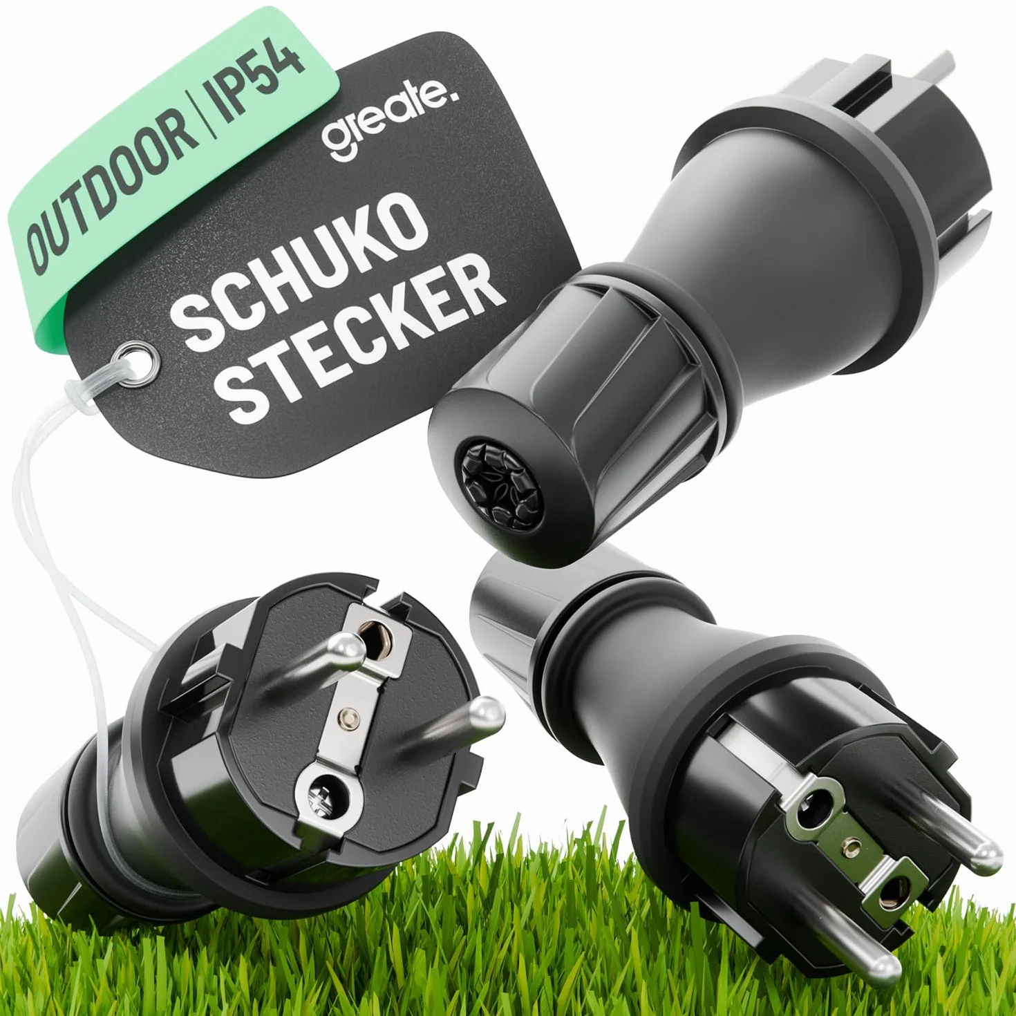 greate 3x Spina Tedesca Maschio 230V impermeabile IP54 - spine Schuko esterno con protezione piegatura & scarico trazione - spina shuko 2 poli - presa shuko con 16A & 3,7kW