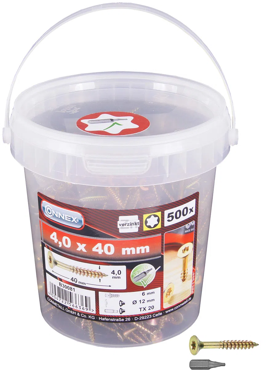 Connex - Secchio di viti Uni-Screw TX, 4,0 x 40, 500 pezzi, B30081