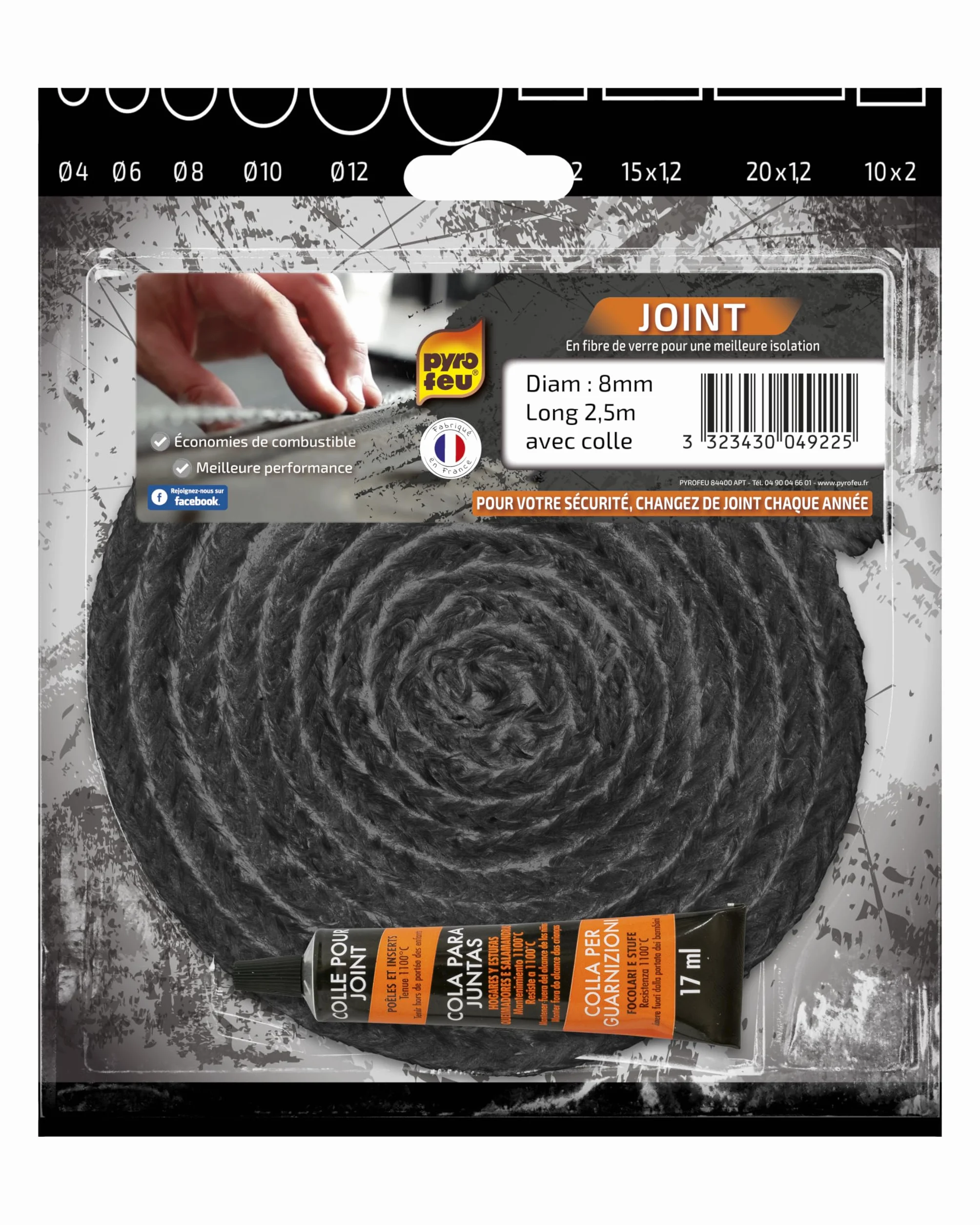 Pyro FEU - Guarnizione refrattaria 8 mm x 2,5 m + tubetto di Colla, Fibra di Vetro, Nero, Standard