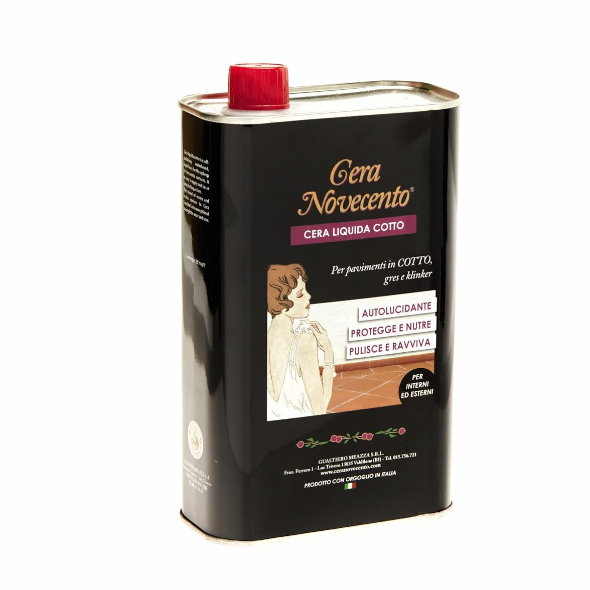CERA NOVECENTO Cera Liquida Cotto, Rosso Casale, 1 litro Cera liquida nutriente, ravvivante e protettiva per pavimenti in cotto autolucidante