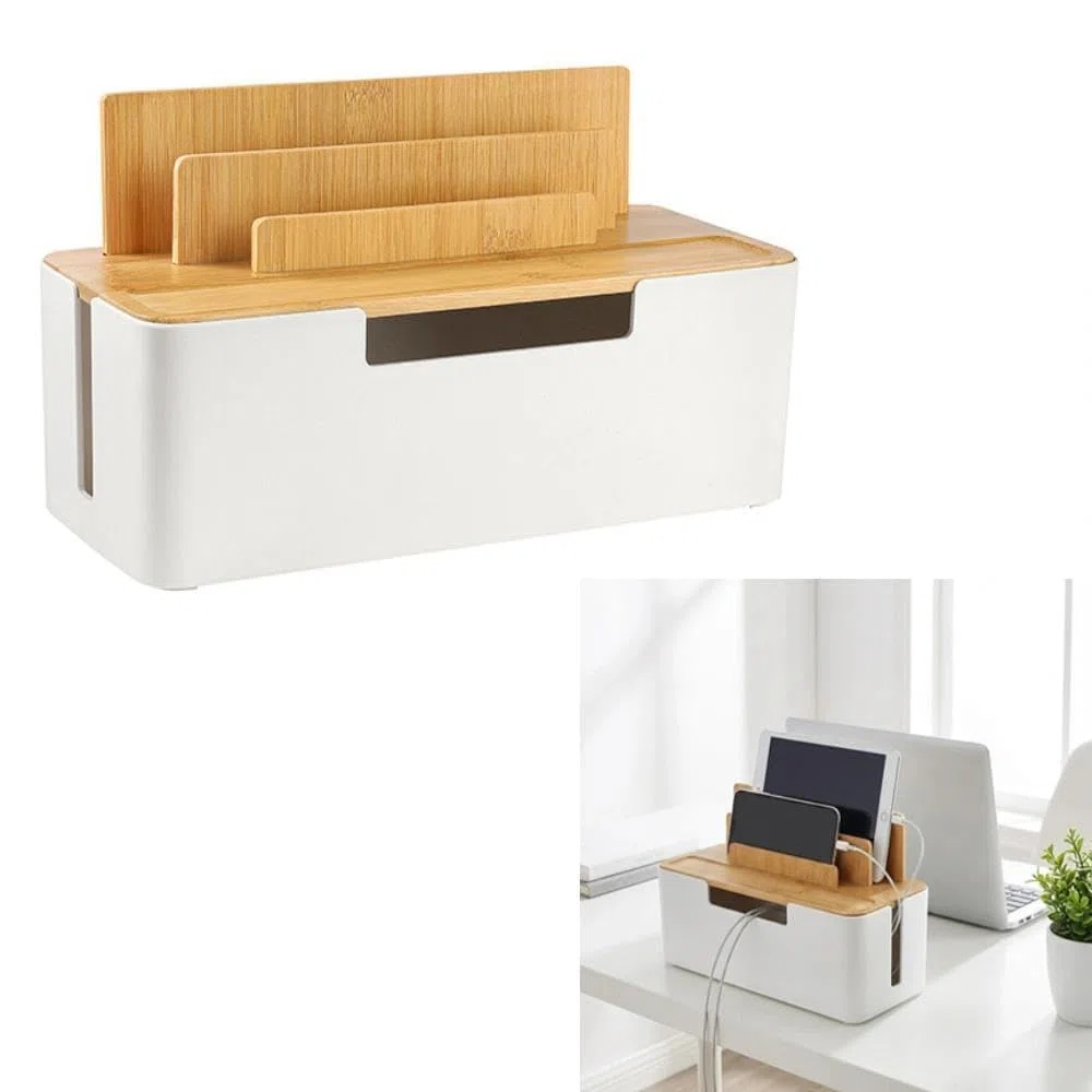 Scatola organizer per cavi grande (30 x 13 x 16 cm), colore bianco, con coperchio in legno per ciabatte, cavo nascosto, con coperchio in bambù