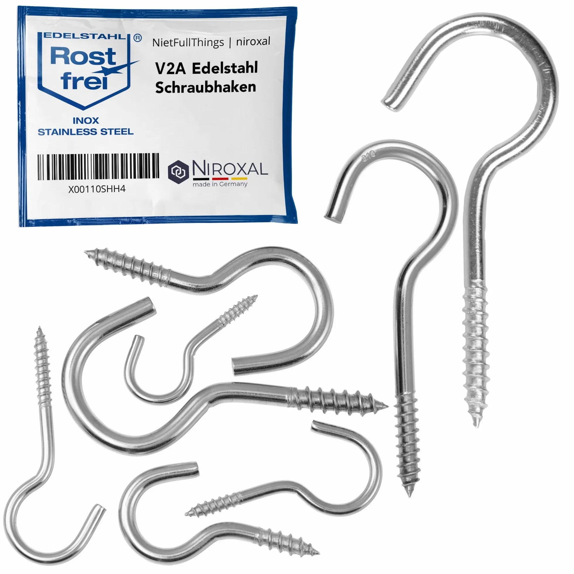 NietFullThings Ganci a Vite per Legno Acciaio Inox V2A Ø 3,3 mm – 50 mm – 10 Pezzi – Ganci per Appendere