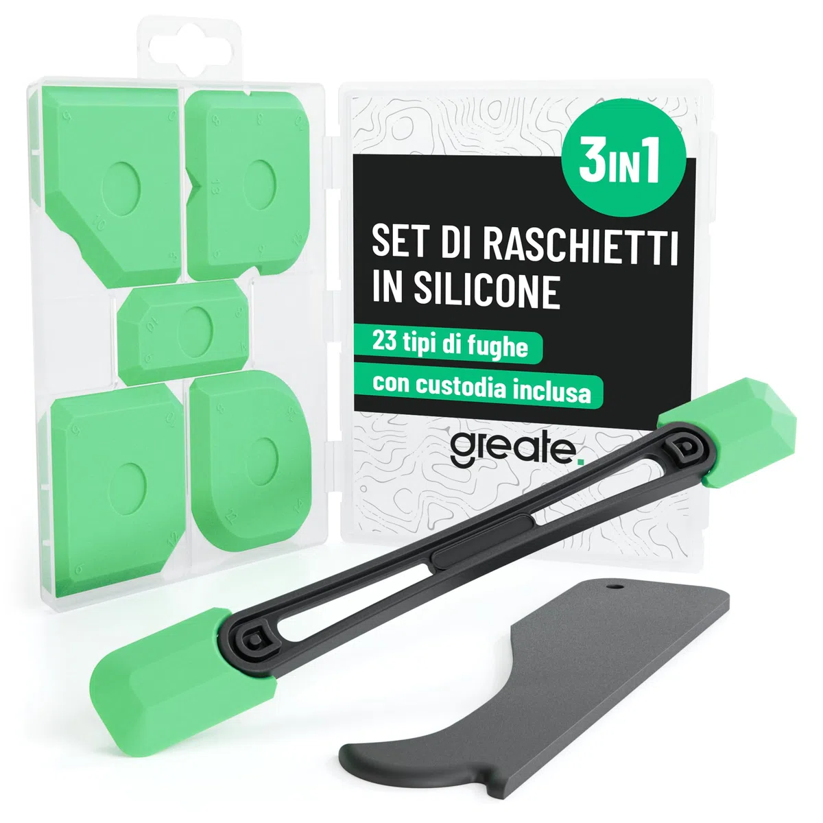 greate Set Spatola per Silicone per Rifinitura 7 pezzi - 5x levigatori flessibili, 1x asta tira-fughe punti difficili da raggiungere, 1x rimuovi - Calafataggio Silicone