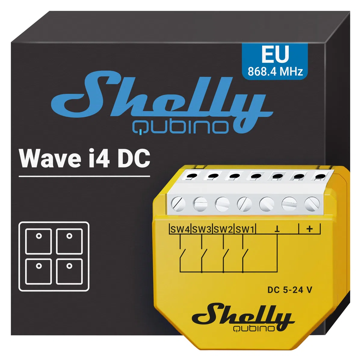 Shelly Wave i4 DC, Modulo di Controllo Remoto Z-Wave con 4 Ingressi, Domotica, Senza Fili, Azioni e Scene intelligenti, Basso Consumo Energetico, Gamma Wireless Estesa