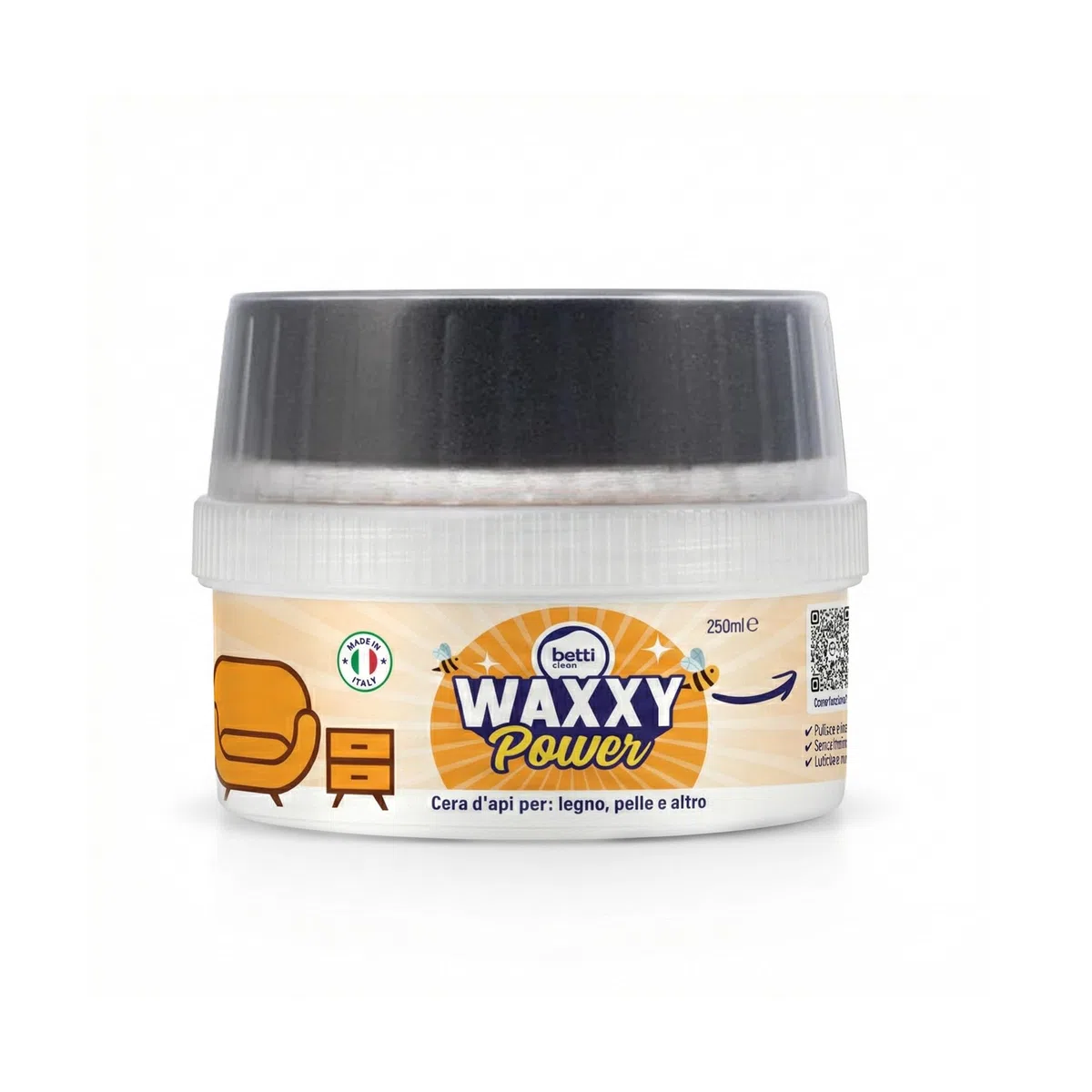BETTI CLEAN – WAXXY Power Cera d’Api Naturale per Legno, Pelle e Cuoio con Spugna Inclusa | Nutre, Protegge e Ravviva | Effetto Idrorepellente | Made in Italy