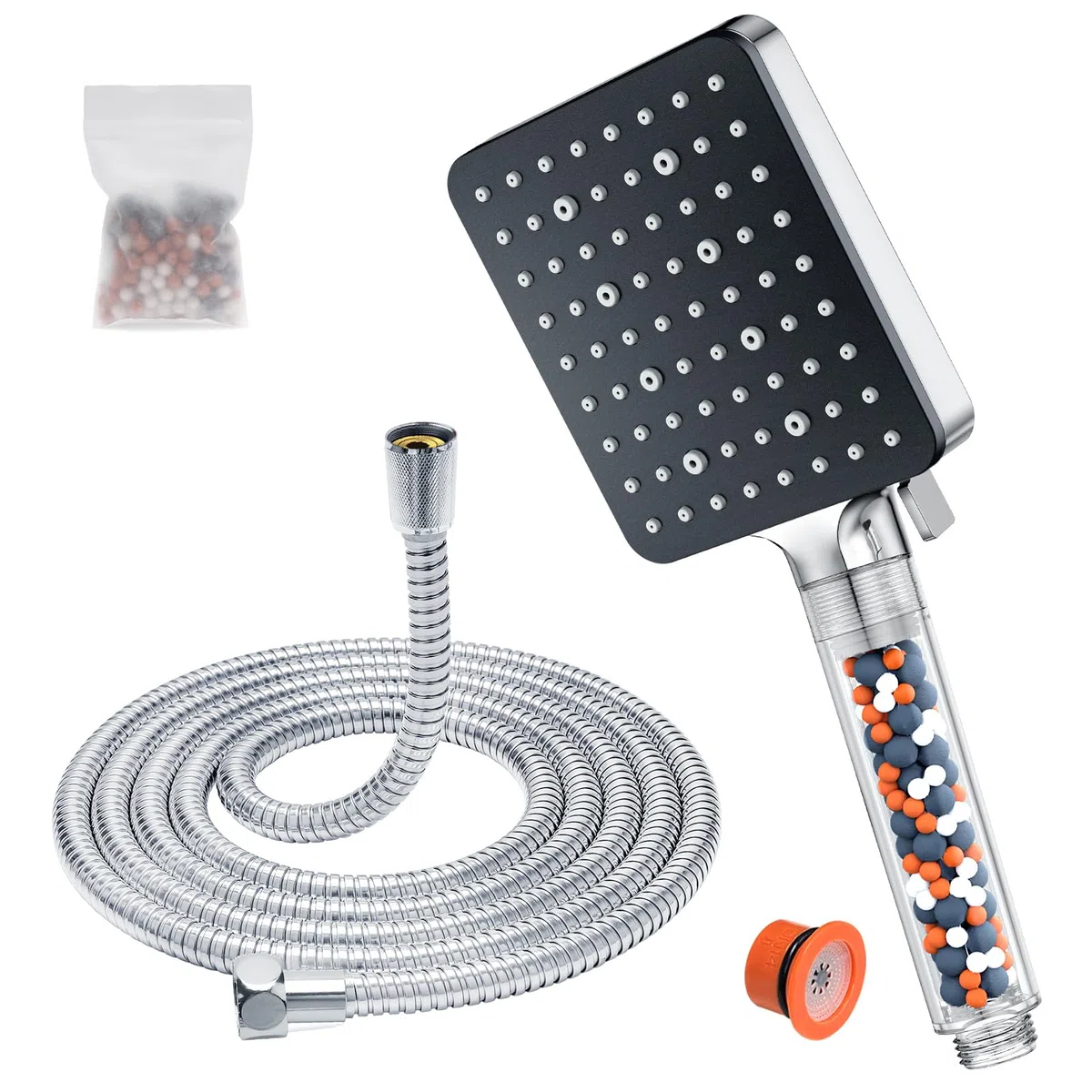 Soffione Doccia con Tubo 1.6m,Doccia Soffione con Filtro,Doccetta per Doccia Alta Pressione Anticalcare,Soffione Doccia Risparmio Idrico 6 Modalità 2 borse sfera filtrante,Doccia Bagno