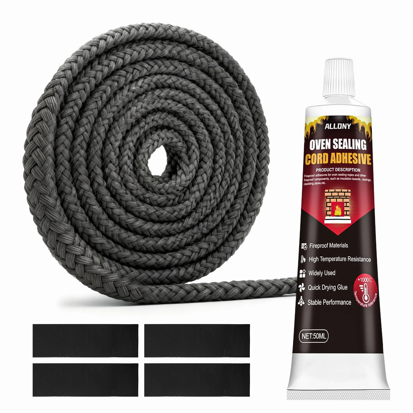 ALLONY Silicone Nero, 2.5m Guarnizione Stufa a Pellet, 50ML Silicone Alte Temperature, Cemento Refrattario per Caminetti, Stufa, Forni, 10mm Corda Guarnizione Stufa, Set di Riparazione per Camino