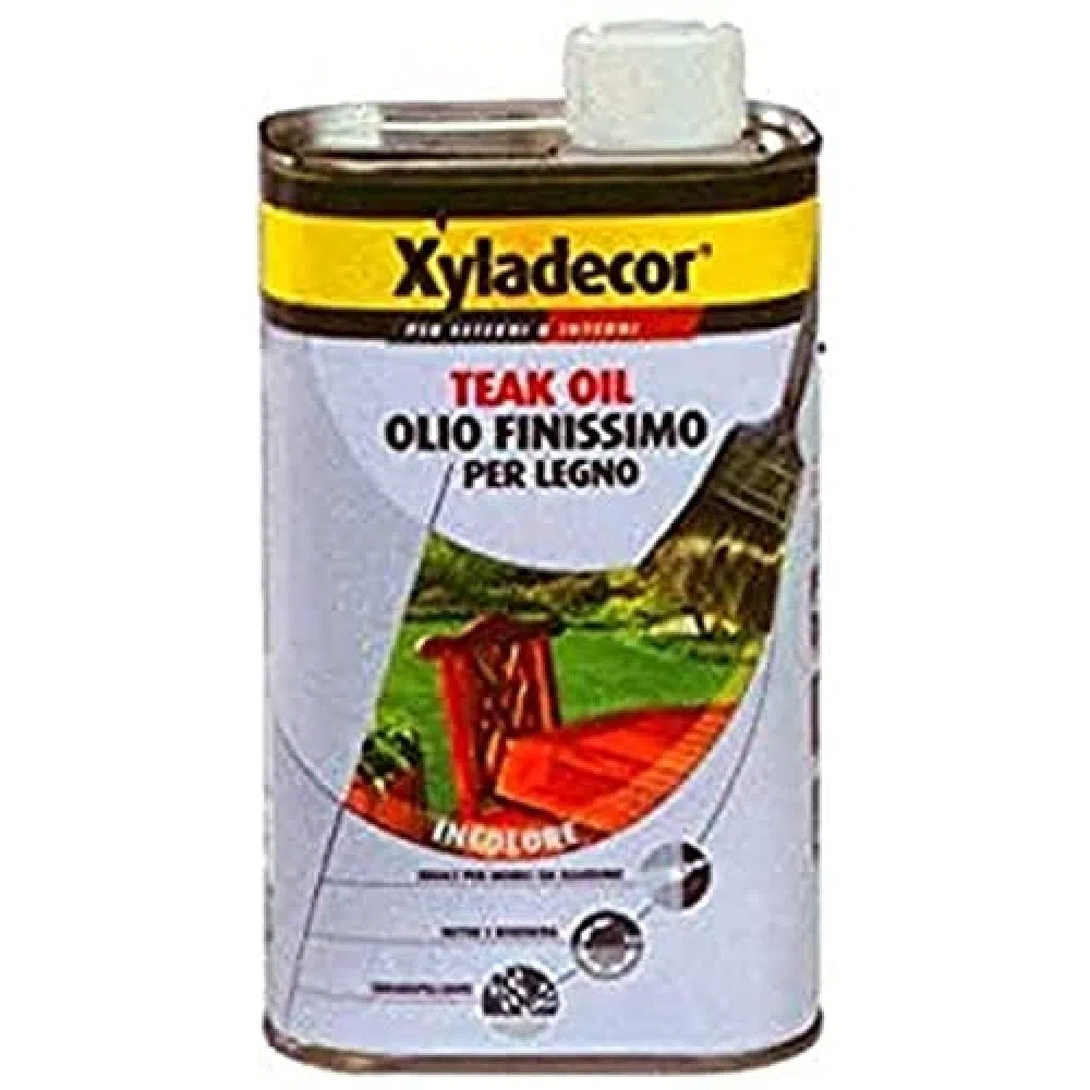 Xyladecor TEAK OIL Olio per Legno Protettivo Idrorepellente formula nutriente Anti Sfogliamento adatto per tutti i tipi di legno, Esterni ed Interni su mobili di casa e attrezzature giardino INCOLORE