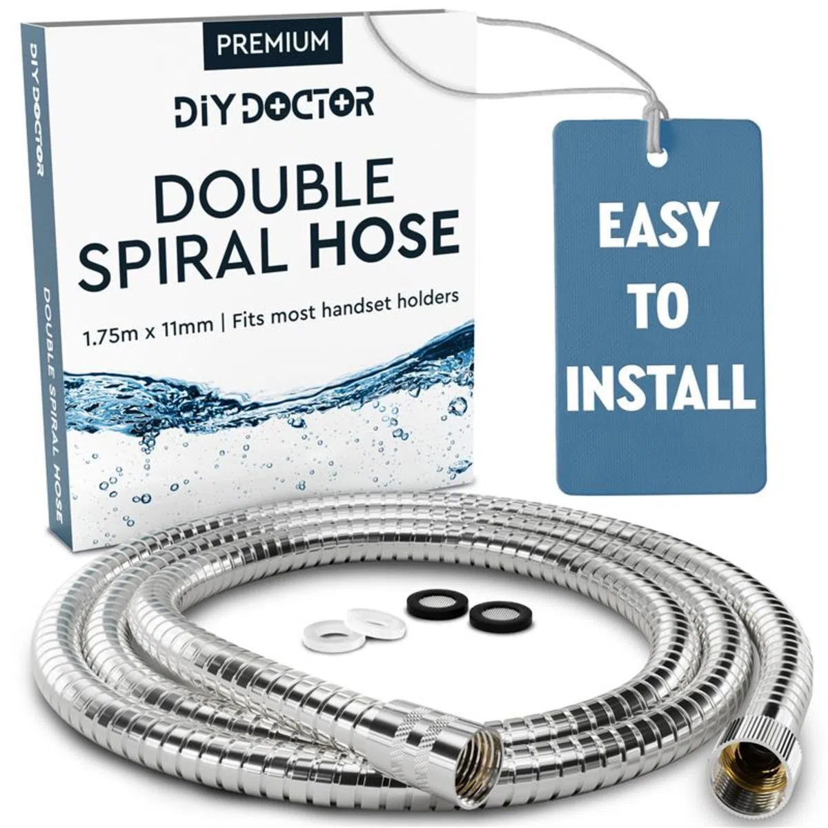 DIY Doctor - Tubo doccia universale da 1.75m x 11mm - Tubo di ricambio di alta qualità in acciaio inox con 4 rondelle - Anti-attorcigliamento - Finitura cromata - Tubo flessibile doccia