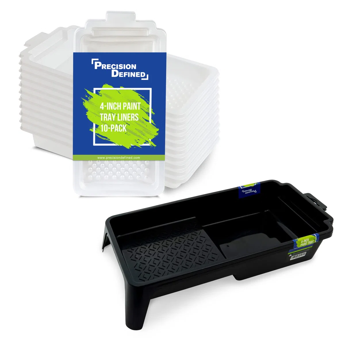 Precision Defined Vaschetta per Rullo Pittura da 10 cm, Include 2 Vaschette Plastica per Vernice e 10 Vassoi da Rullo per Pittura Usa e Getta, Ricambi per Vaschette PD