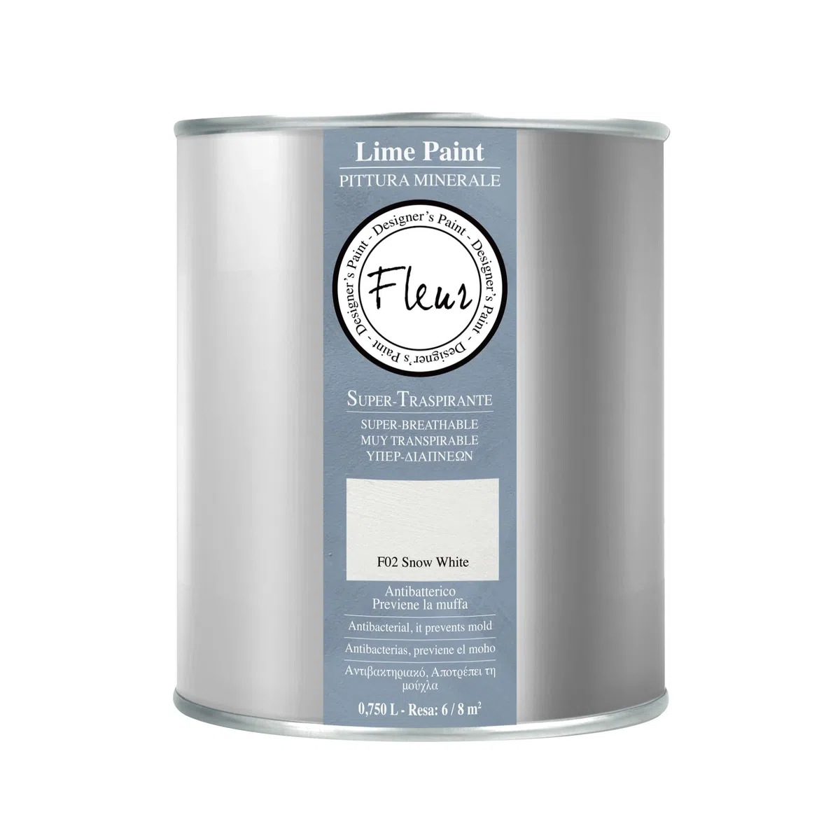 FLEUR DESIGNER'S PAINT | Pittura a Calce Antibatterica, Traspirante e Sanificante, Colore Snow White, a Base di Puro Grassello di Calce, Effetto Naturale, Made in Italy, 0,75 litri