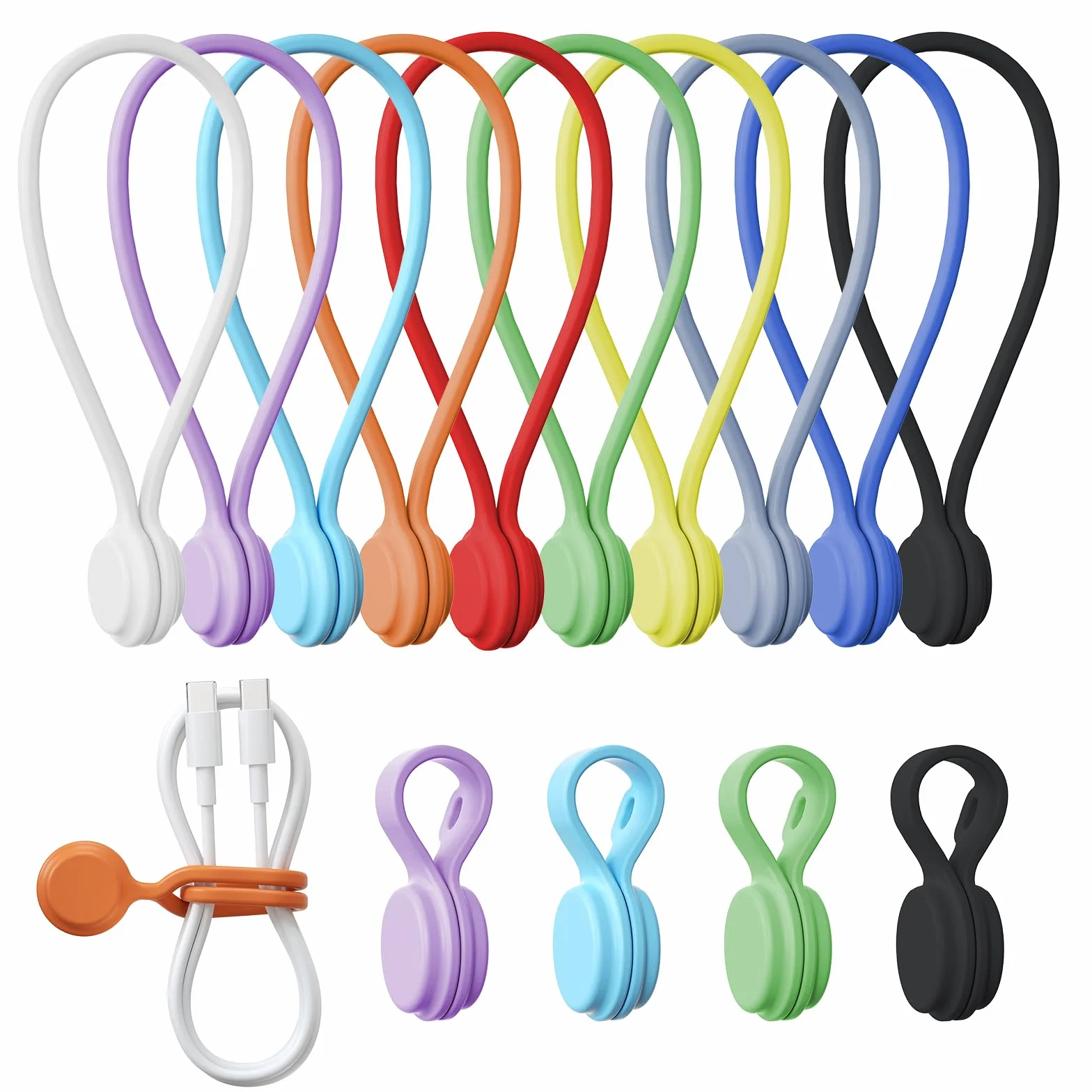 tounee Fascette magnetiche riutilizzabili in silicone-2 misure combinate (4pezzi da 2,95'' + 10pezzi da 7,68'') - Multiuso per legare cavi, organizzare, creare segnalibri e magneti da frigorifero(14)
