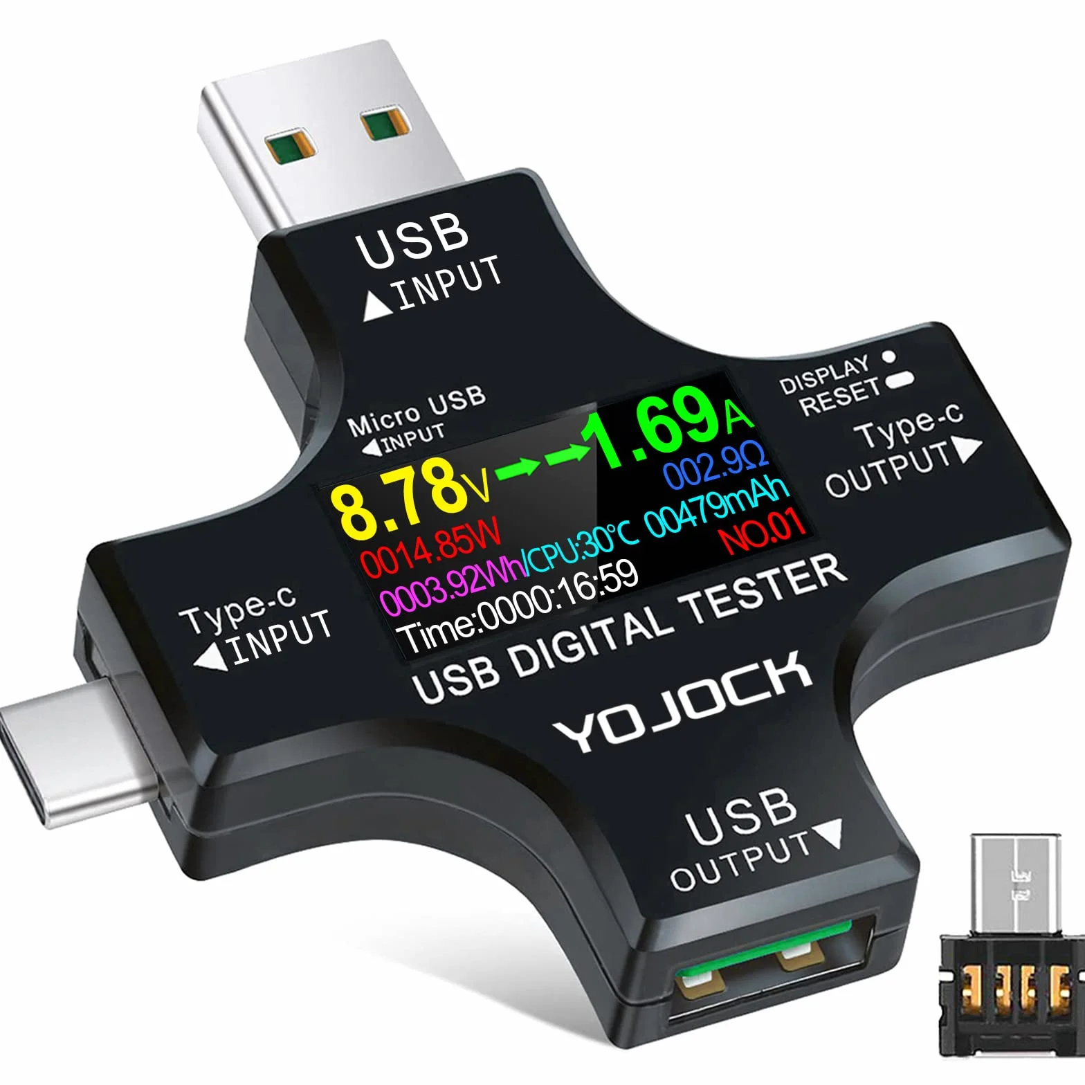 YOJOCK Tester USB Multimetro C Meter di Corrente e Tensione 3.6-32V 0-5.1A Tester 2 in 1 Voltmetro Amperemetro Capacità Alimentazione Wattmetro Caricatore Rilevatore con adattatore OTG
