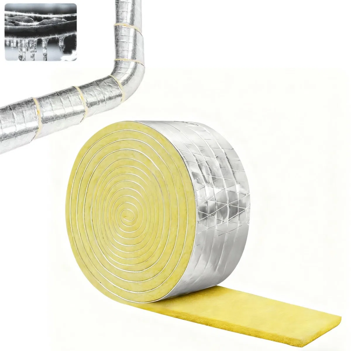 Rotolo di 10M Isolante in Lana di Vetro per Tubi, Isolamento Termico e Acustico, Adatto per tubazioni interne ed esterne, sistemi HVAC e meccanici, con funzioni antigelo e di isolamento termico.