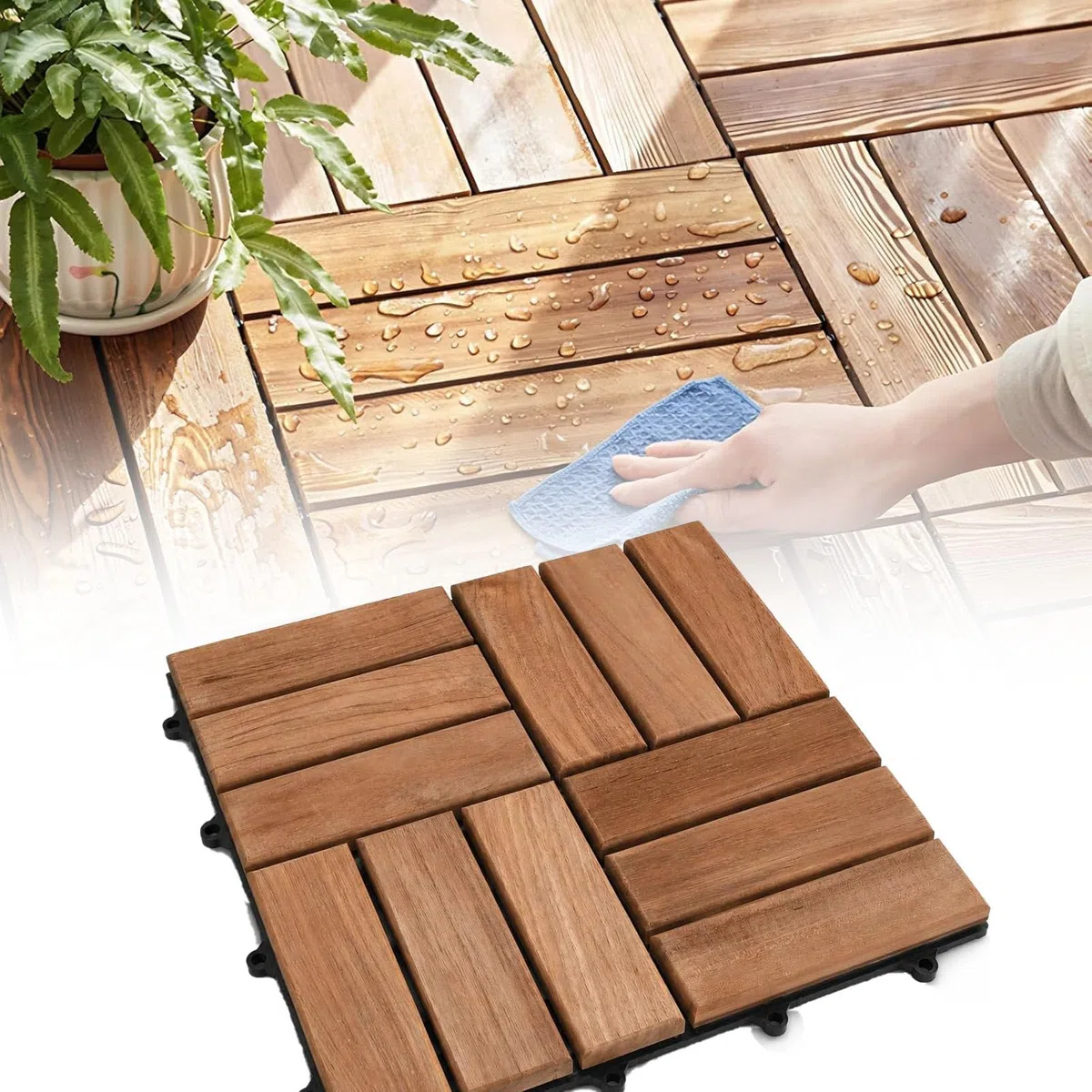 Piastrelle Antiscivolo per Esterni 12-Slat-33pc | Pavimentazione a incastro in legno di acacia (30x30 cm) per patio,terrazza e giardino; piastrelle in legno ritagliabili
