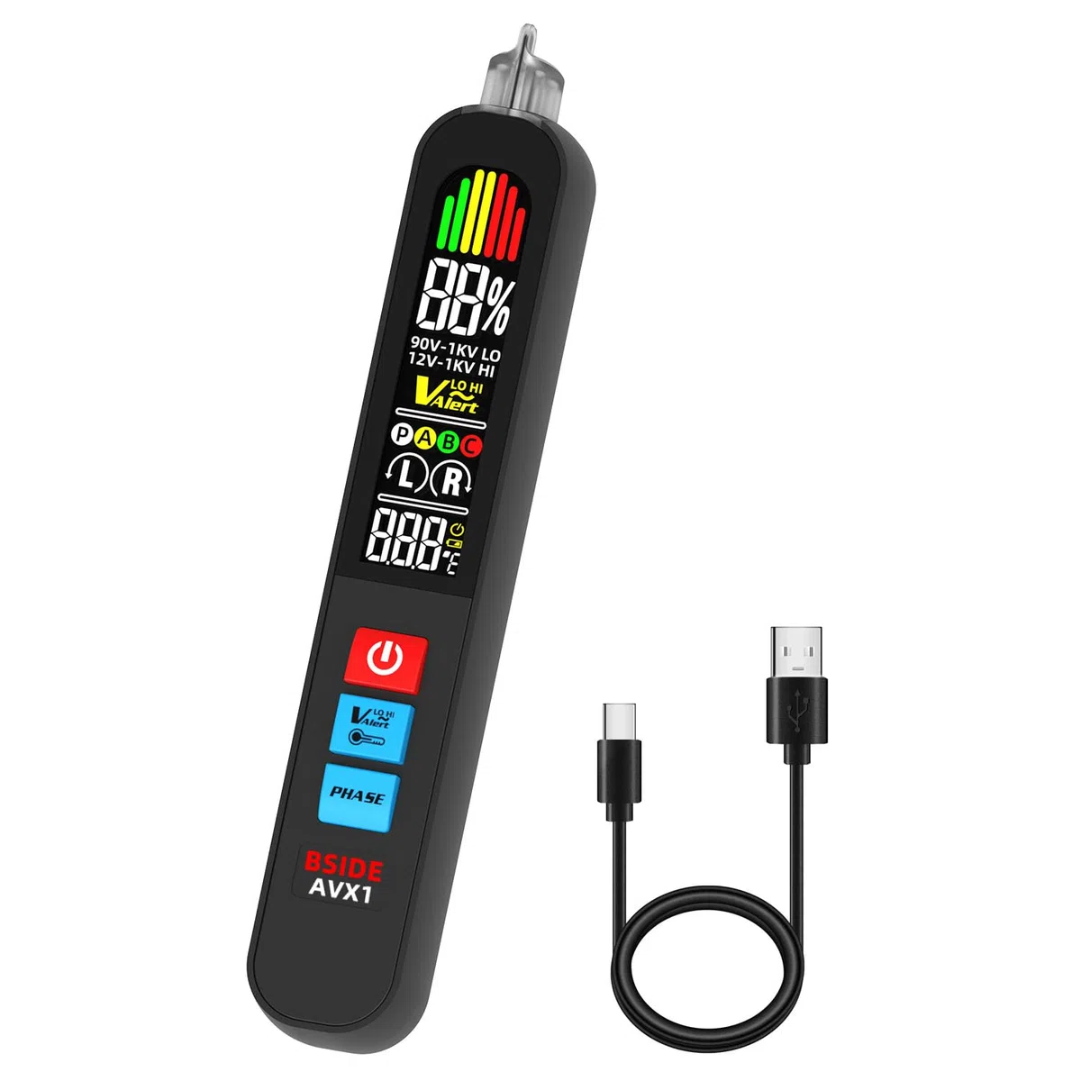 BSIDE AVX1 Cercafase Senza Contatto Intelligente Rilevatore di Tensione con Doppia Sensibilità AC 12-1000V/90-1000V Cerca Fase Elettrico con Schermo a Colori, LED e Cicalino