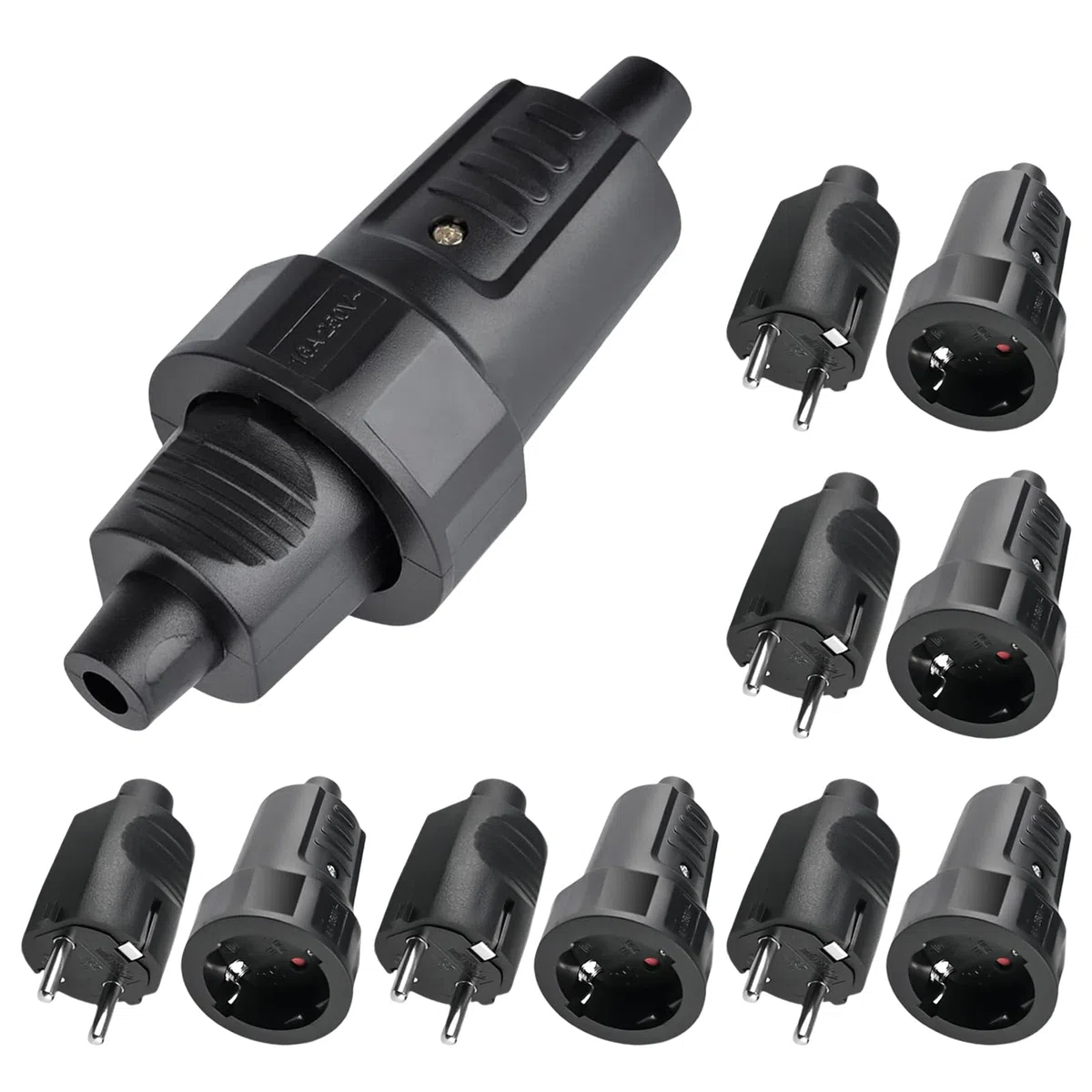 Sporgo Schuko, spina 230 V, IP44, presa di contatto con protezione antitorsione, accoppiatore in gomma a 2 pin da 16 A e 3,7 kW, 230 V, colore: nero
