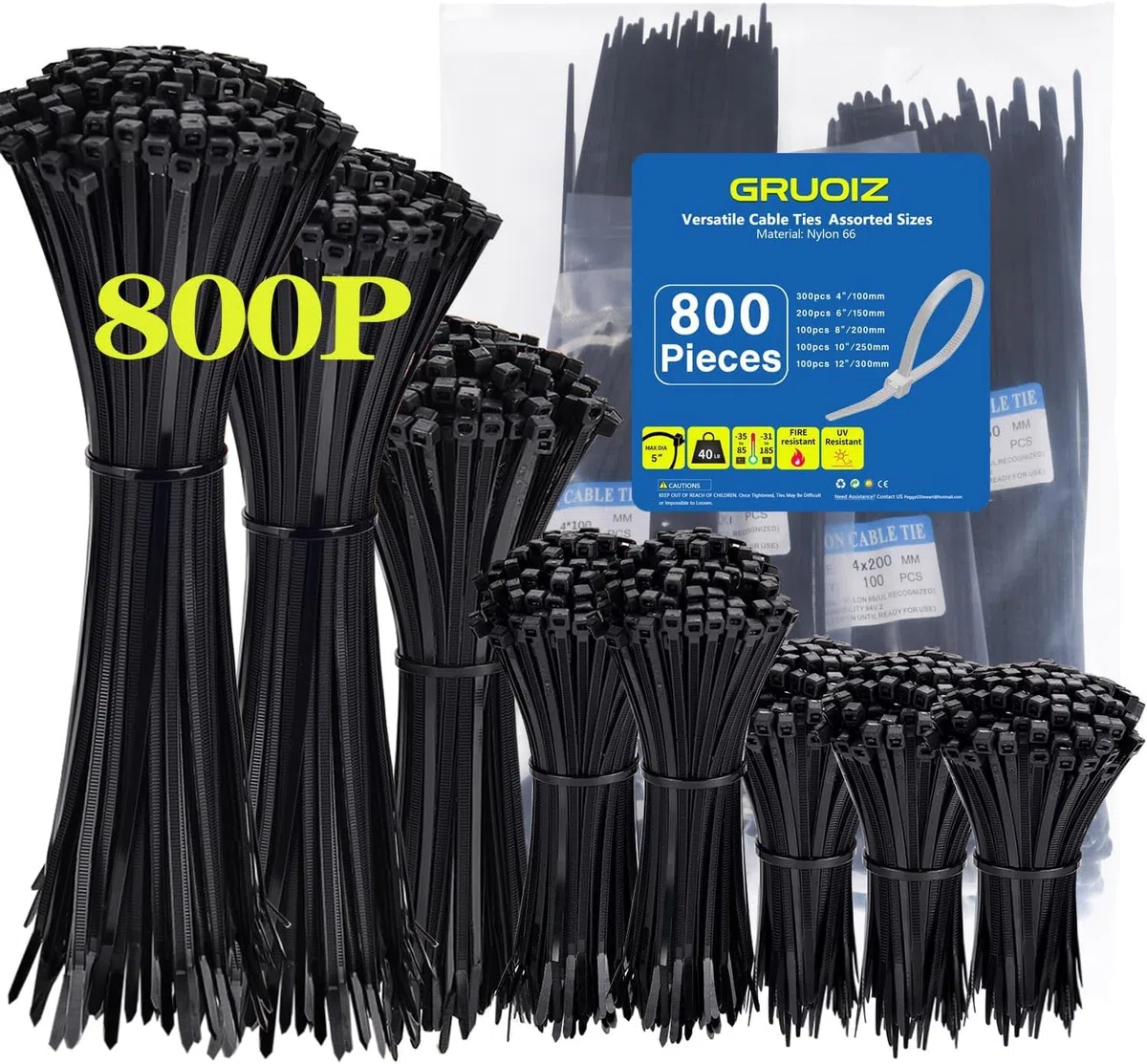 Fascette Elettricista 800 Pezzi Fascette Plastica Nere per Cablaggio Cavi, Nere 3.6mm x (100/150/200/250/300 mm), Stringicavo Lunghe Stringitubo