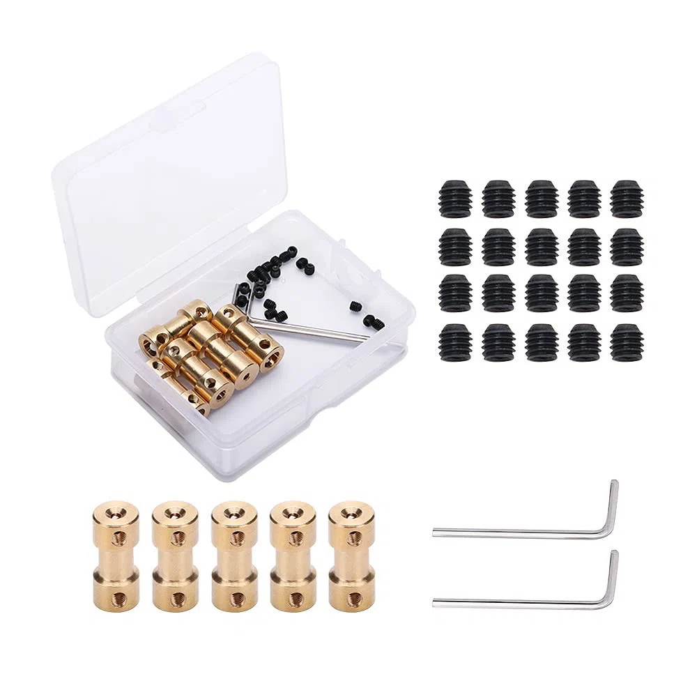 VooGenzek 5 Pezzi Giunto Albero Motore in Ottone, Adattatore per Albero di Accoppiamento, con Viti e Chiave a Brugola, per Motore Barca Aereo, 2mm a 2mm/3mm a 4mm/3mm a 5mm/4mm a 5mm/5mm a 5mm L20XD9