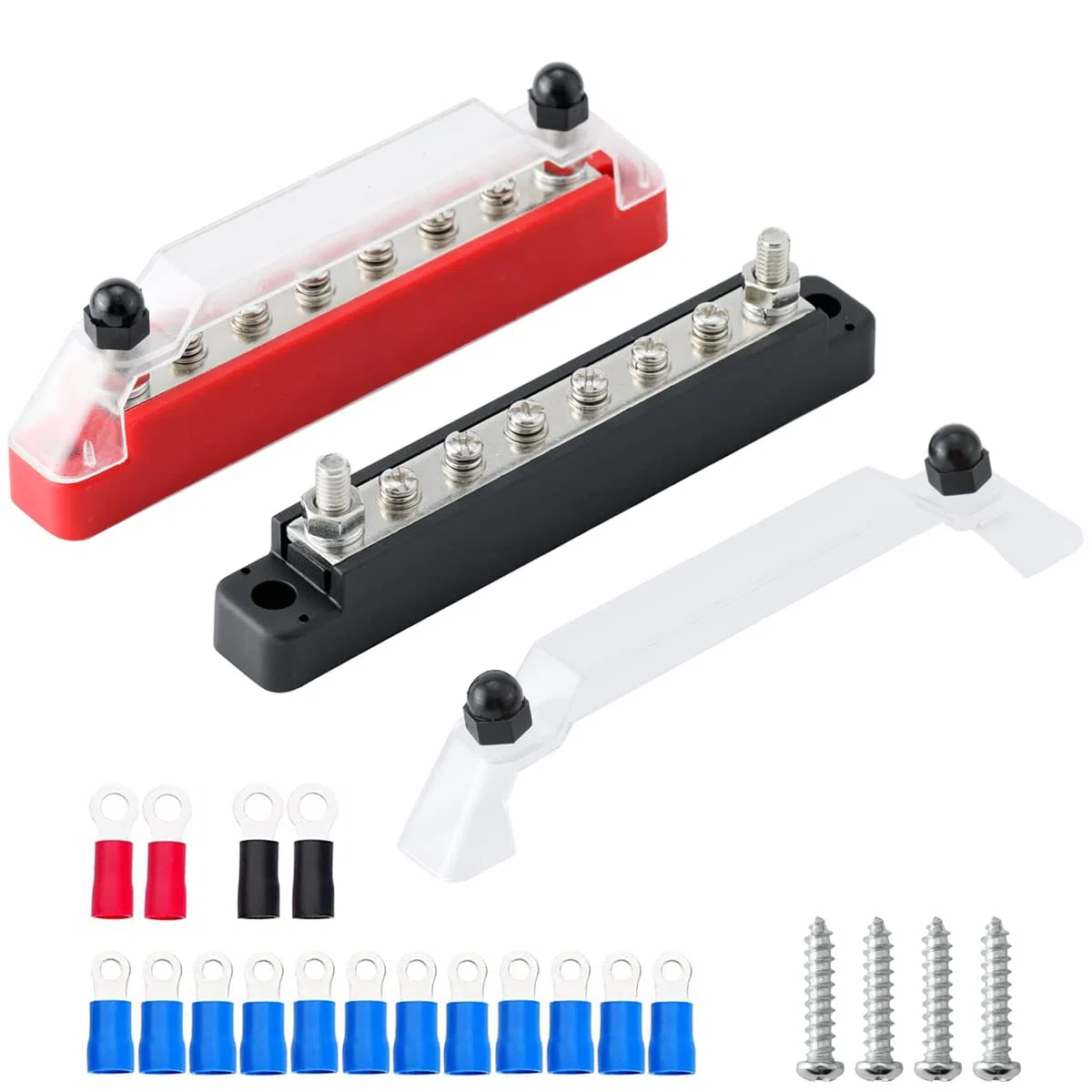 Greluma 1 Paio Morsettiera di distribuzione dell'alimentazione a 8 vie, kit barra bus batteria a 8 terminali, 2 x M6 (1/4"), 6 x viti M4 (n. 8) terminali con terminali ad anello