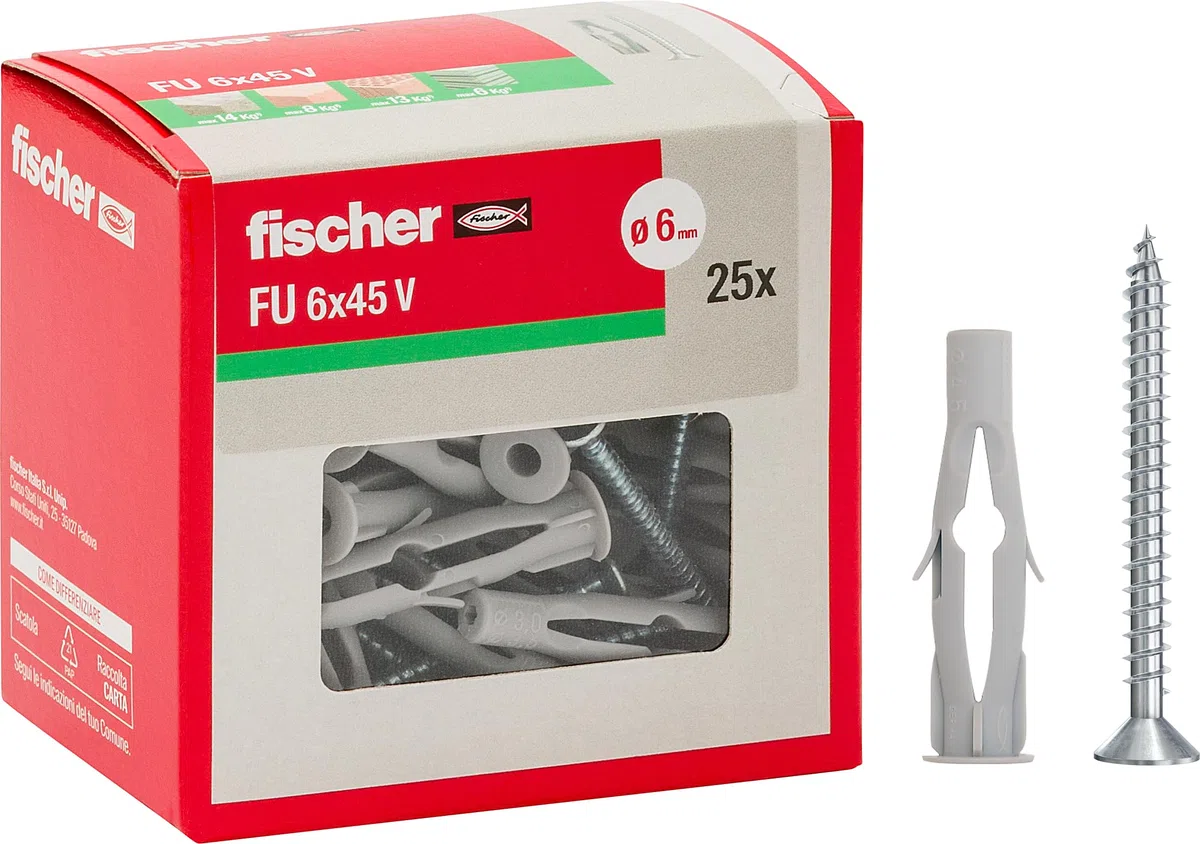 Fischer Tasselli Universali FU 6x45 V Y con vite per il Fissaggio di Lampadari, Armadietti, Mensole su Calcestruzzo e Mattone Pieno