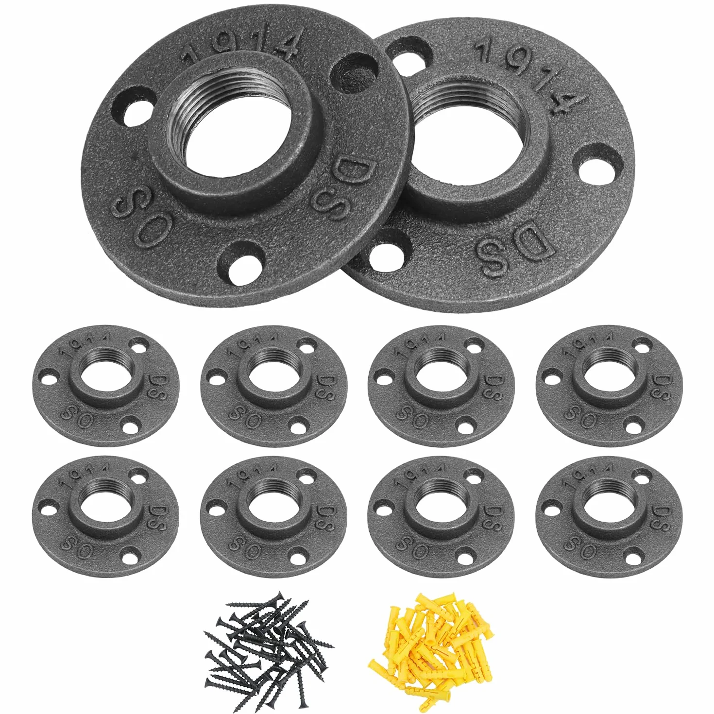 QWORK® Confezione da 10 flange filettate 3/4'' BSP a 3 fori, flange di collegamento in ghisa malleabile, per bricolage, stile vintage con viti