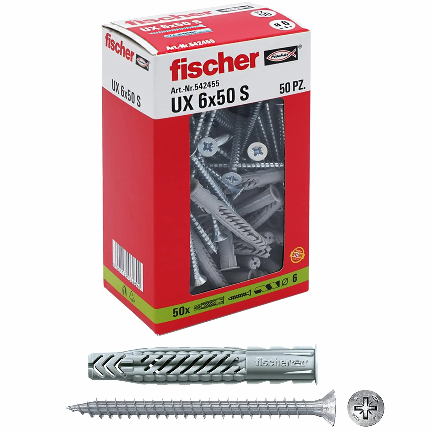 Fischer 50 Tasselli UX 6x50 con Vite, per Muro Pieno, Mattone Forato, Cartongesso, 542455