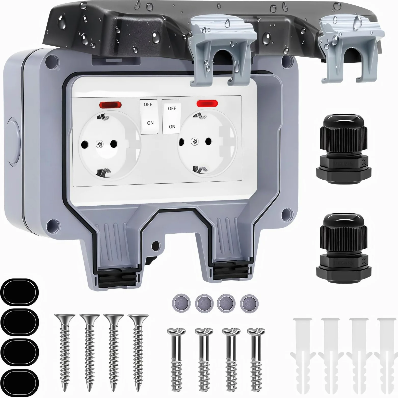 Presa Esterna Impermeabile IP66, Prese Elettriche da Muro con Coperchio Ribaltabile, Interruttore Spia Luminosa, Presa da Esterno Impermeabile per Bagni, Giardini, Garage Terrazza Piscine Area Esterna