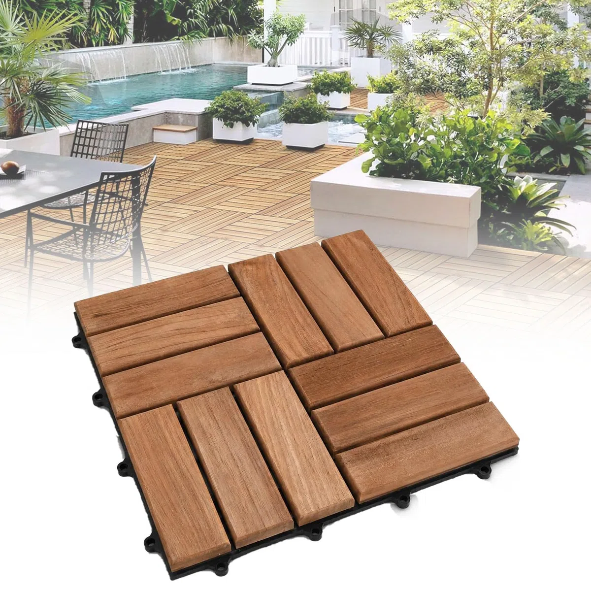 Piastrelle Antiscivolo per balconi e spazi Esterni 12-Slat-33pc | Piastrelle a incastro in legno di acacia (30x30 cm) con base drenante; resistenti alle intemperie, ideali per giardino