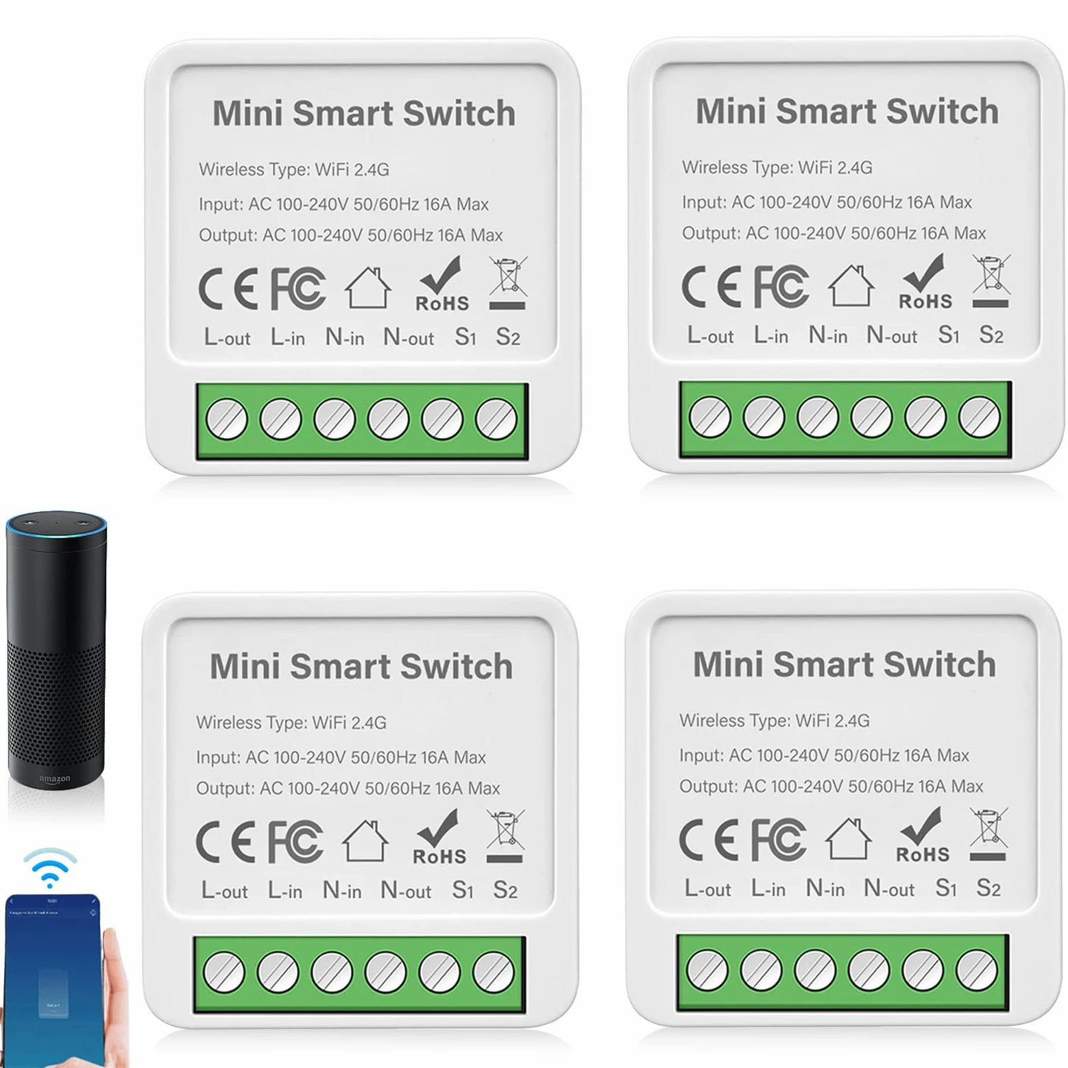 Smart Life interruttore 4 interruttori della luce intelligenti modulo a 2 vie, WLAN Mini relè intelligente, compatibile con Google Assistant e Alexa, neutro richiesto
