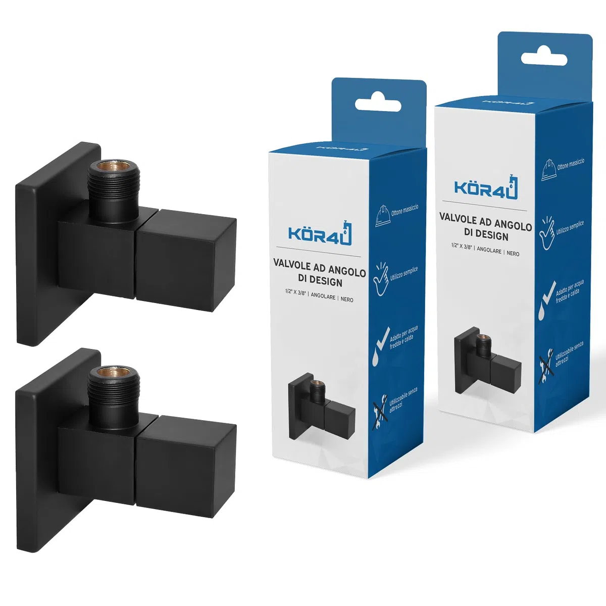 kör4u Set di 2 valvole angolari di design, 1/2 x 3/8", nero opaco, valvola di intercettazione dell'acqua, con chiusura rapida, per bagno e cucina, con rosette