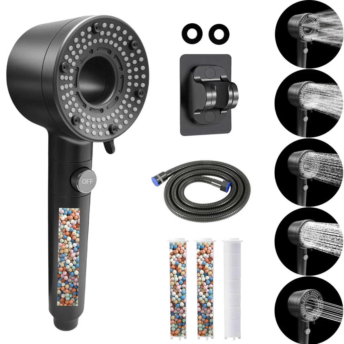 Soffione Doccia Anticalcare Include 4 Filtri in Cotone PP Soffione Doccia Alta Pressione 5 Tipi di Getto, Telefono Doccia con Tubo da 2M Facile da Installare