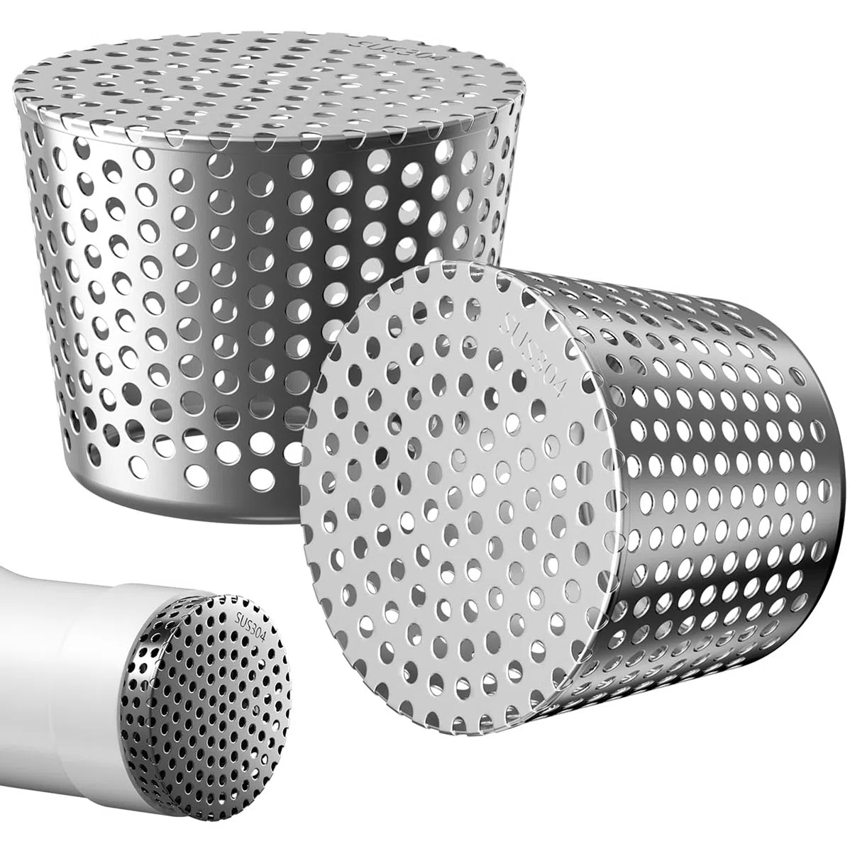 HUAERSICO 2 Pezzi Protezione per Grondaie in Acciaio Inox 304, Filtro Antifoglie per Tubi di Scarico, Rete per Drenaggio Acqua Piovana, Anti-Ruggine, Facile Installazione, 50 mm - 63 mm