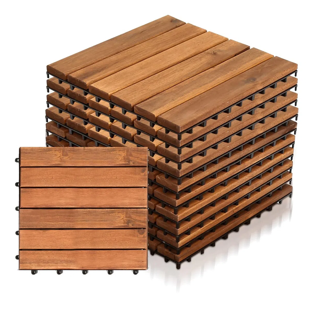 Piastrelle per pavimentazione in legno di acacia con base in PE 6-Slat-33pc | 30x30 cm – Pavimentazione a incastro per esterni; antiscivolo, resistente agli agenti atmosferici e facile da installare