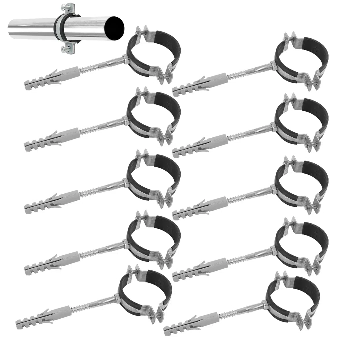 10 Pezzi Fascette Stringitubo 40-50 mm in Acciaio Zincato con Viti Prigioiere e Tasselli, Rivestimento in Gomma Antivibrazione, Fascetta Inserto Ammortizzante, Supporto per Tubi (40-50 mm 11/4")