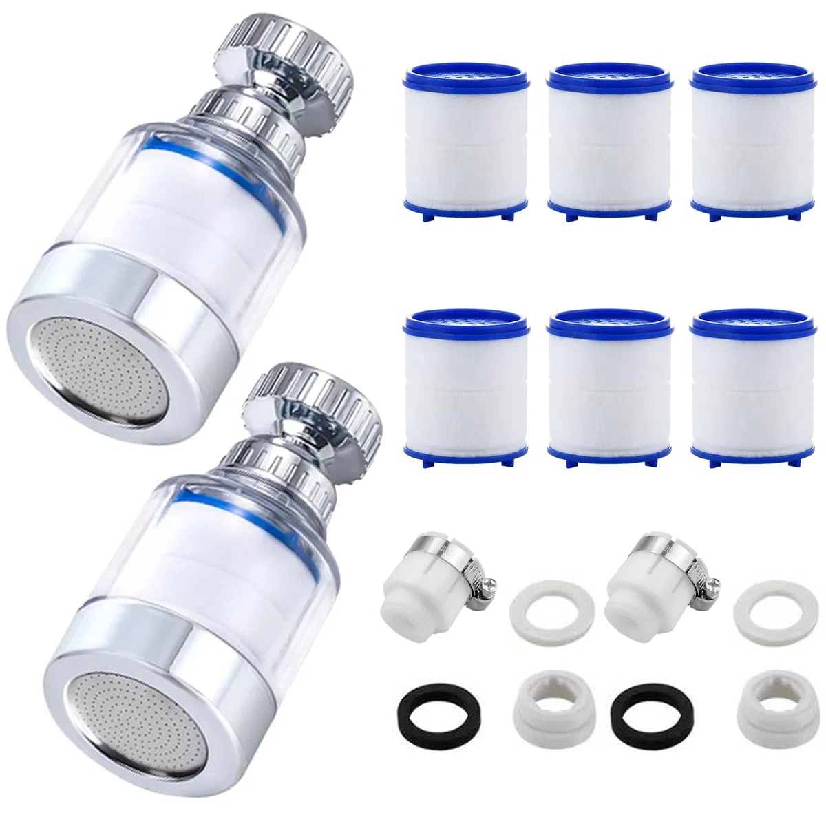 2 Pezzi Filtro Dell'acqua A 360°, Filtri per Rubinetto, A 360° Rubinetto Depuratore Acqua, Filtri per Rubinetti Trasparenti con 6 Elementi Filtro in Cotone PP, Filtro Acqua Rubinetto