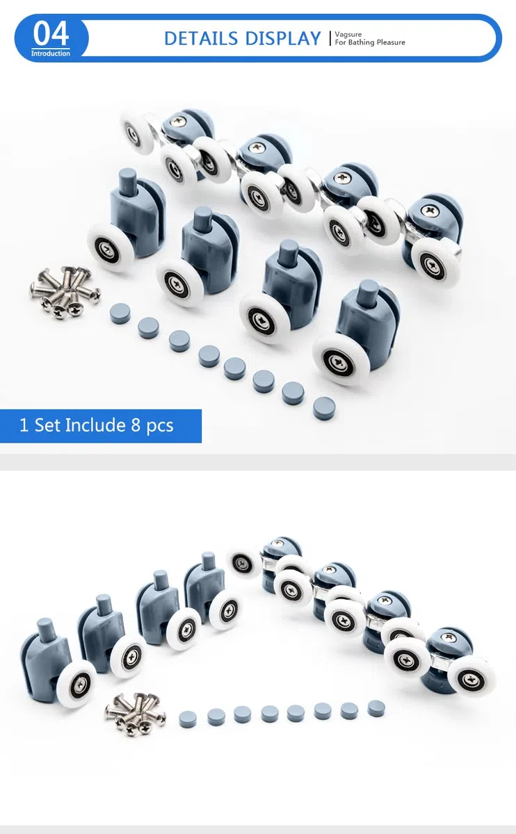 YUANQIAN Set di 8 guide per porta della doccia, 23 mm di diametro, per casa, bagno, fai da te (4 rulli superiori doppi e 4 rulli inferiori singoli)