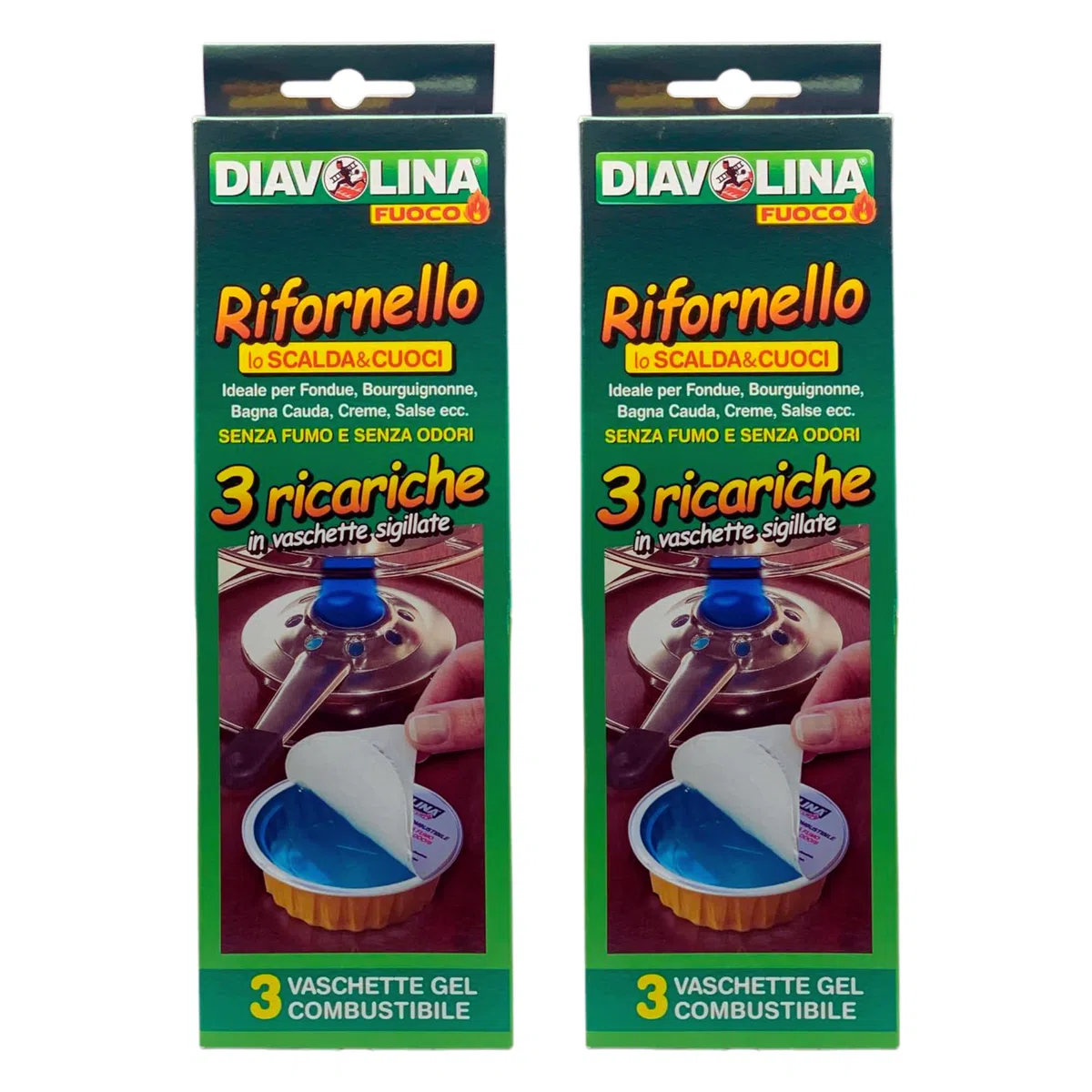 Vaschette gel combustibile RIFORNELLO, Ideale per Fondue, Bourguignonne, Bagna Cauda, Creme, Salsa ecc. senza fumo e senza odori, Confezione da 3 ricariche in vaschette sigillate. (3x80g.) (2 Unità)