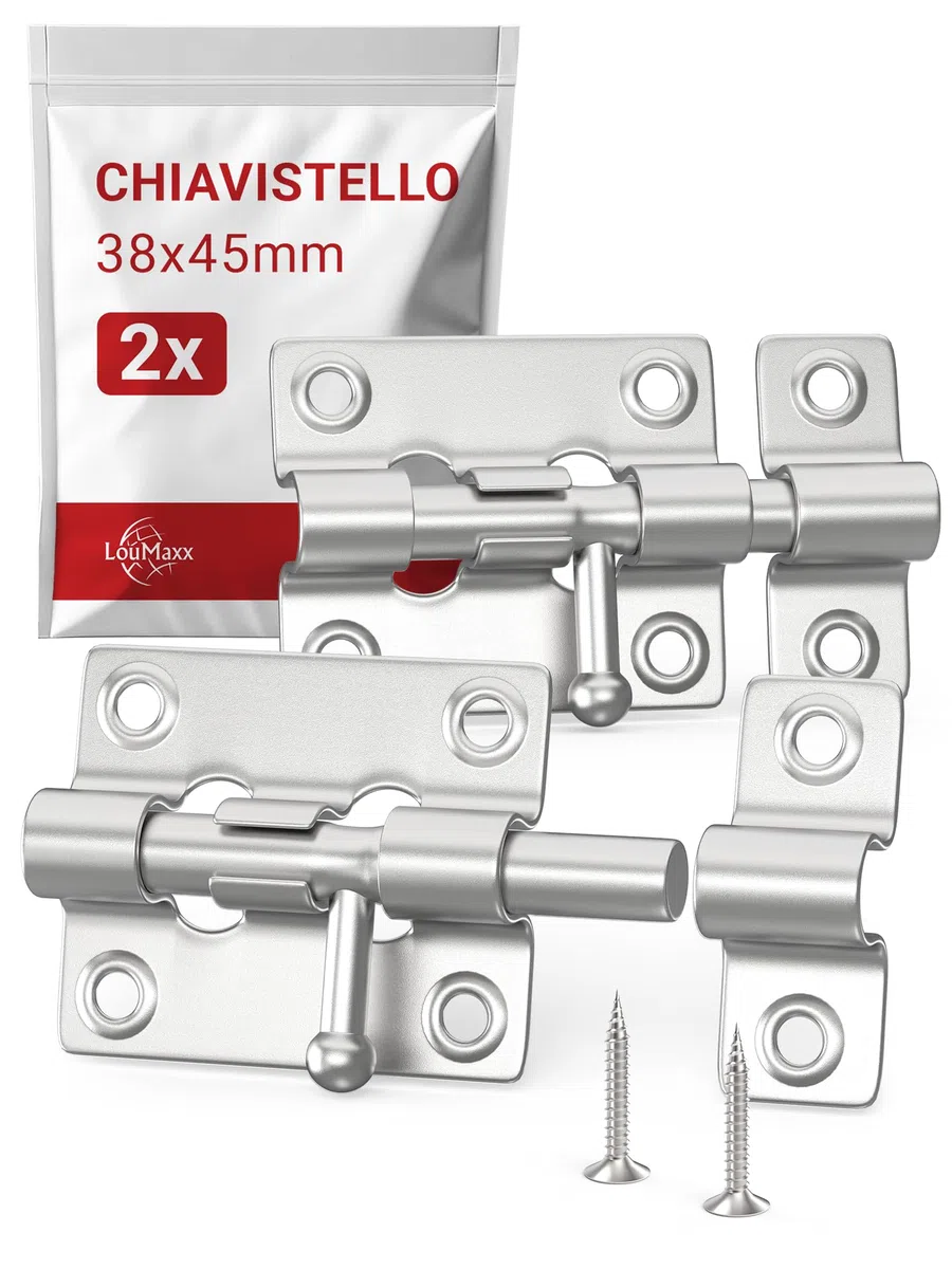 LouMaxx Set di 2 Serrature per Porte – Chiavistello di Sicurezza 38x45 mm - Viti Incluse – Catenaccio Porta – Chiavistello Porta Blindata - Bullone Scorrevole – Chiusura per Porte