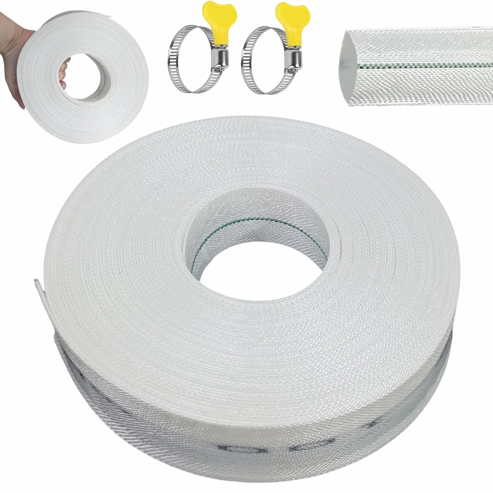 Tubo in tessuto, 20 m, diametro 25 mm, tubo piatto da 2,5 cm, set di tubi in tessuto portatile con 2 fascette stringitubo, per pompe a immersione, irrigazione da giardino, bianco