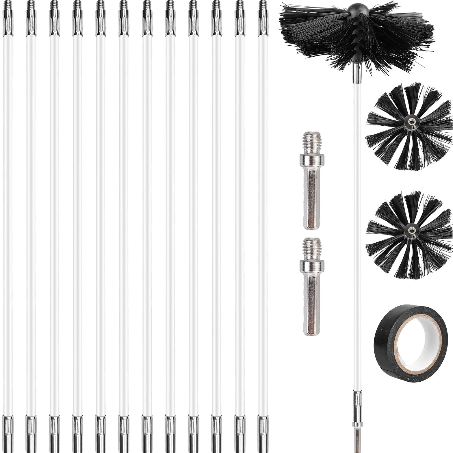 Set di spazzole per camino, diametro 150 mm, 2 spazzole per tubi della stufa, spazzola per tubi con 12 aste flessibili da 410 mm, spazzola per spazzacamino con nastro in PVC ignifugo, 18 mm x 10 m