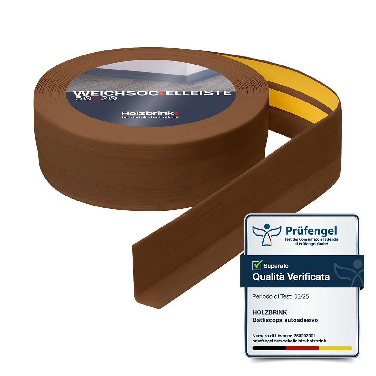 HOLZBRINK Battiscopa adesivo in PVC 50x20mm, 5 m | Bordino per top cucina, zoccolino battiscopa per mobili | Profilo angolare PVC | Colore: rovere scuro