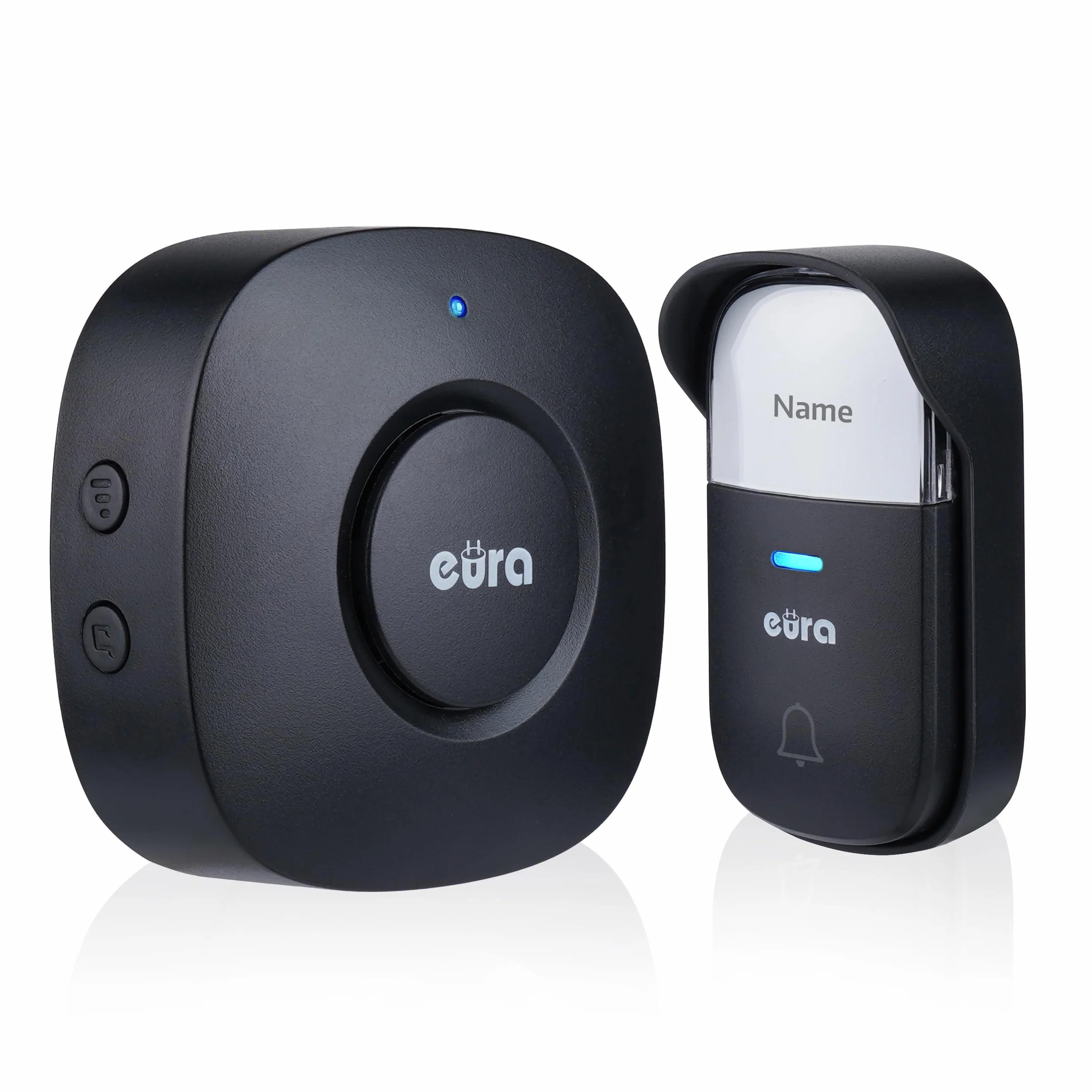 Campanello senza fili "EURA" WDP-52A3 - cinetico, senza batteria, ampliabile, 230 V CA, 38 melodie, portata fino a 200 m, IP55, portanome - nero