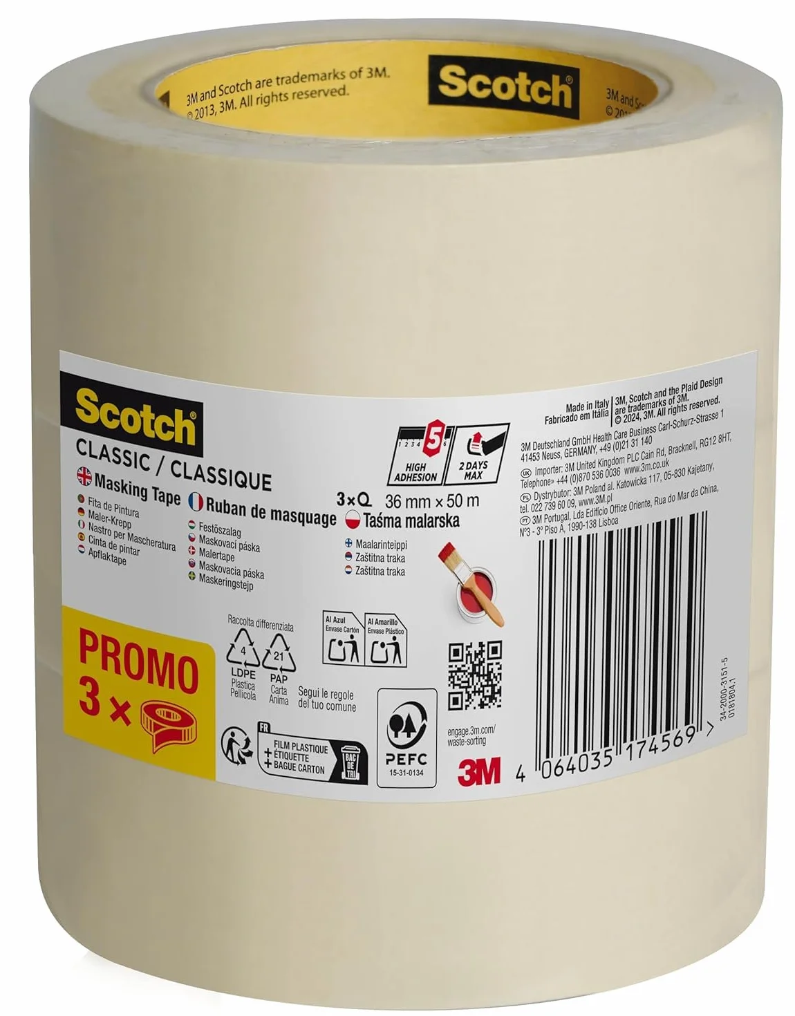Scotch Nastro Coprente Classico, Promo Pack - 3 Rotoli da 36 mm x 50 m, Per Pittura e Decorazione Interna, 70% PEFC