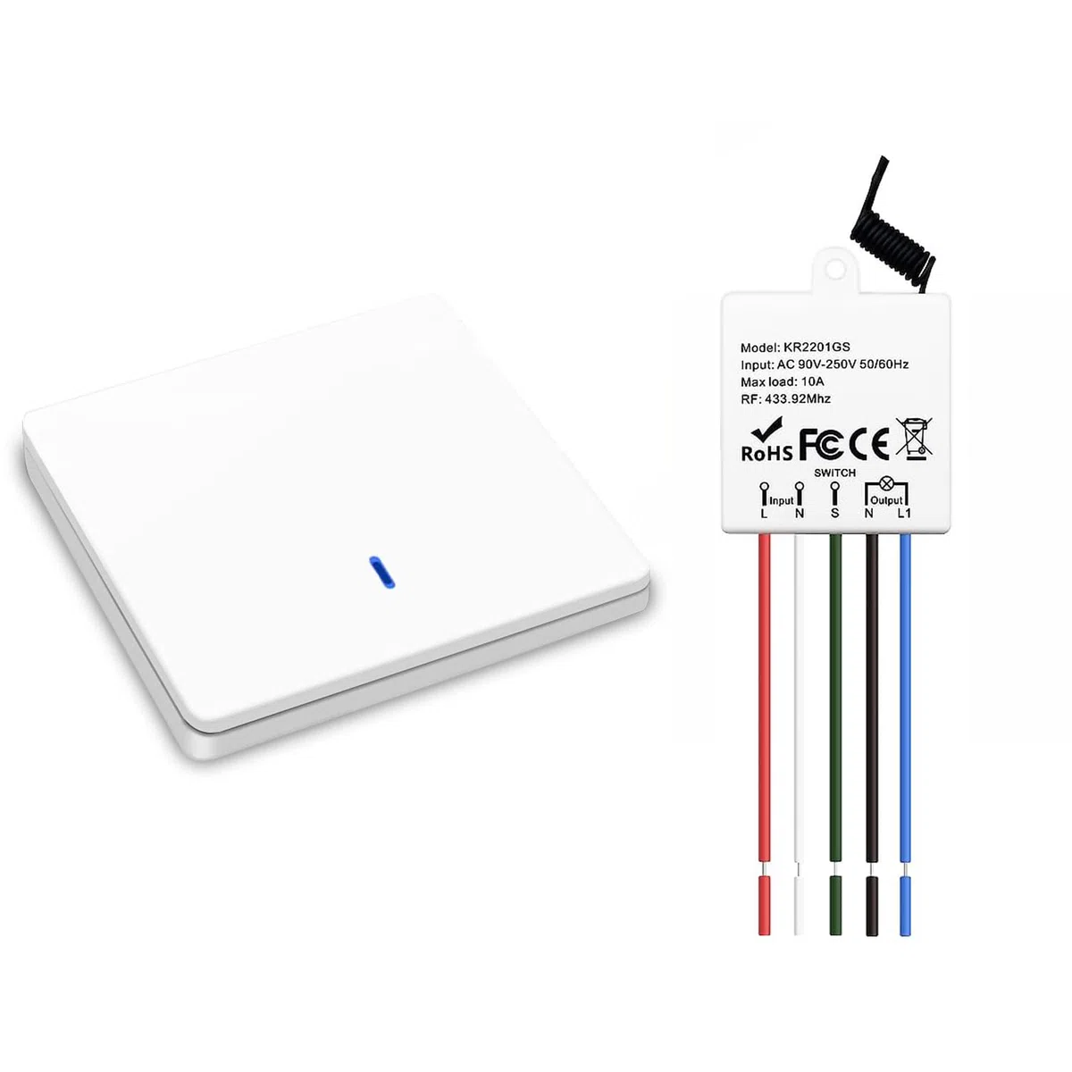 Interruttore senza fili della luce,Radiotrasmettitore a parete 433mhz e Controller Ricevitore RF a relè da 10A,facile installazione per lampade fino a 1500W,Mantieni gli interruttori tradizionali