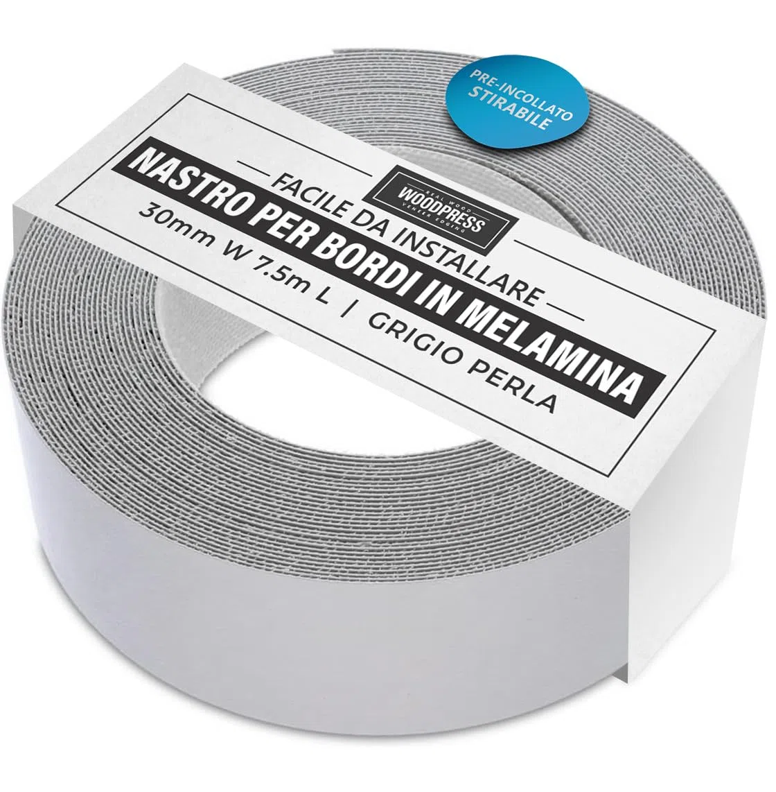 Bordo in melamina grigio perlato da 30 mm, nastro per impiallacciatura pre-incollato – rotolo da 7,5 m