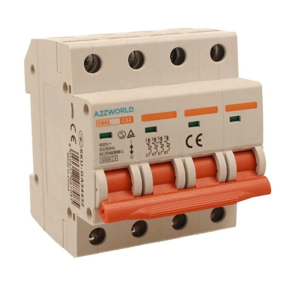 Interruttore Magnetotermico Trifase, MCB 380V 4P 32A C32, Curva C 6kA, 4 Moduli DIN