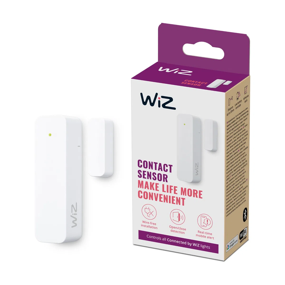 Sensore di contatto WiZ - Monitoraggio della casa, Domotica, Avvisi in tempo reale, Allarmi luminosi, Installazione semplice, Notifiche, Controllo tramite app, Connessione con telecamera e luci WiZ