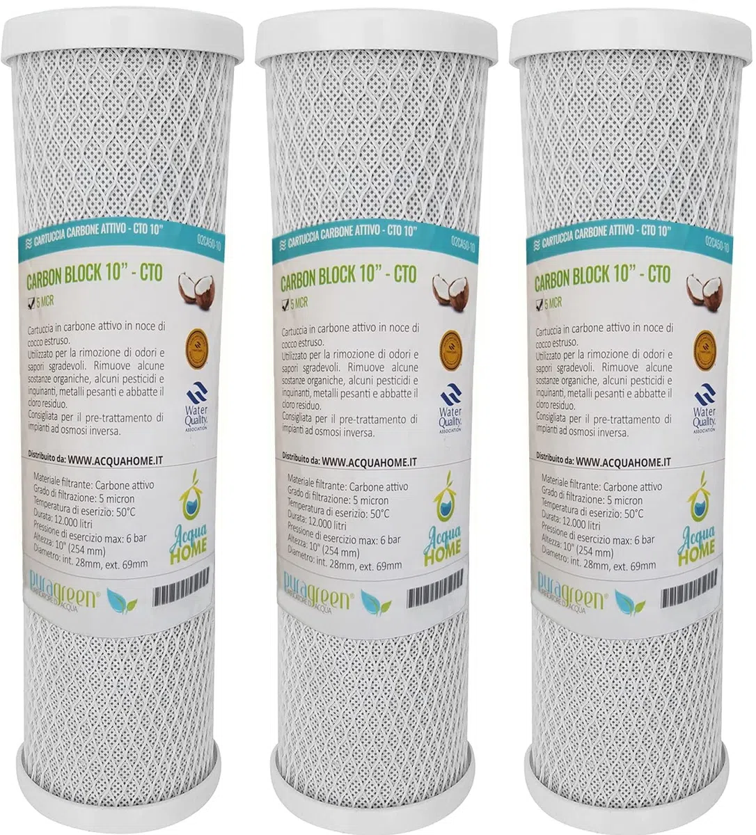 3x PURAGREEN® Filtri Carbon Block 10" CBC - CTO 5 MCR- Filtro a carbone attivo per acqua potabile, sistemi ad osmosi inversa, per alloggiamenti a filtro da 10"