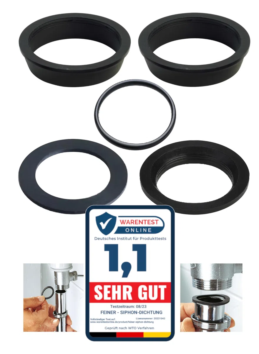 FEINER® | 5 pezzi | Guarnizione per scarico lavabo - set di guarnizioni per 1 1/4 pollici (32 mm) | Guarnizioni per sifoni commerciali | Sifone a bottiglia e design | 2x guarnizioni a cuneo, 2x